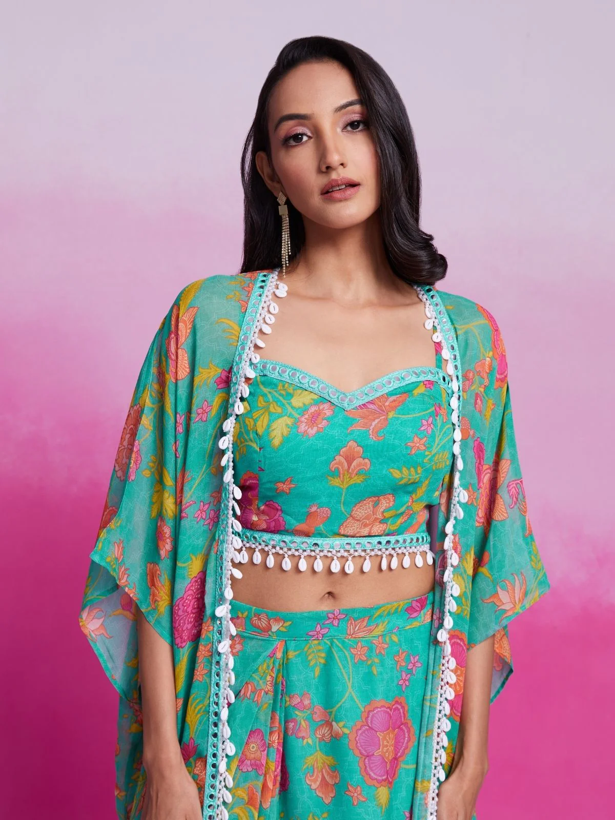 Odette Teal Georgette Printed Stitched Co-Ord Set For Women - Image 7
