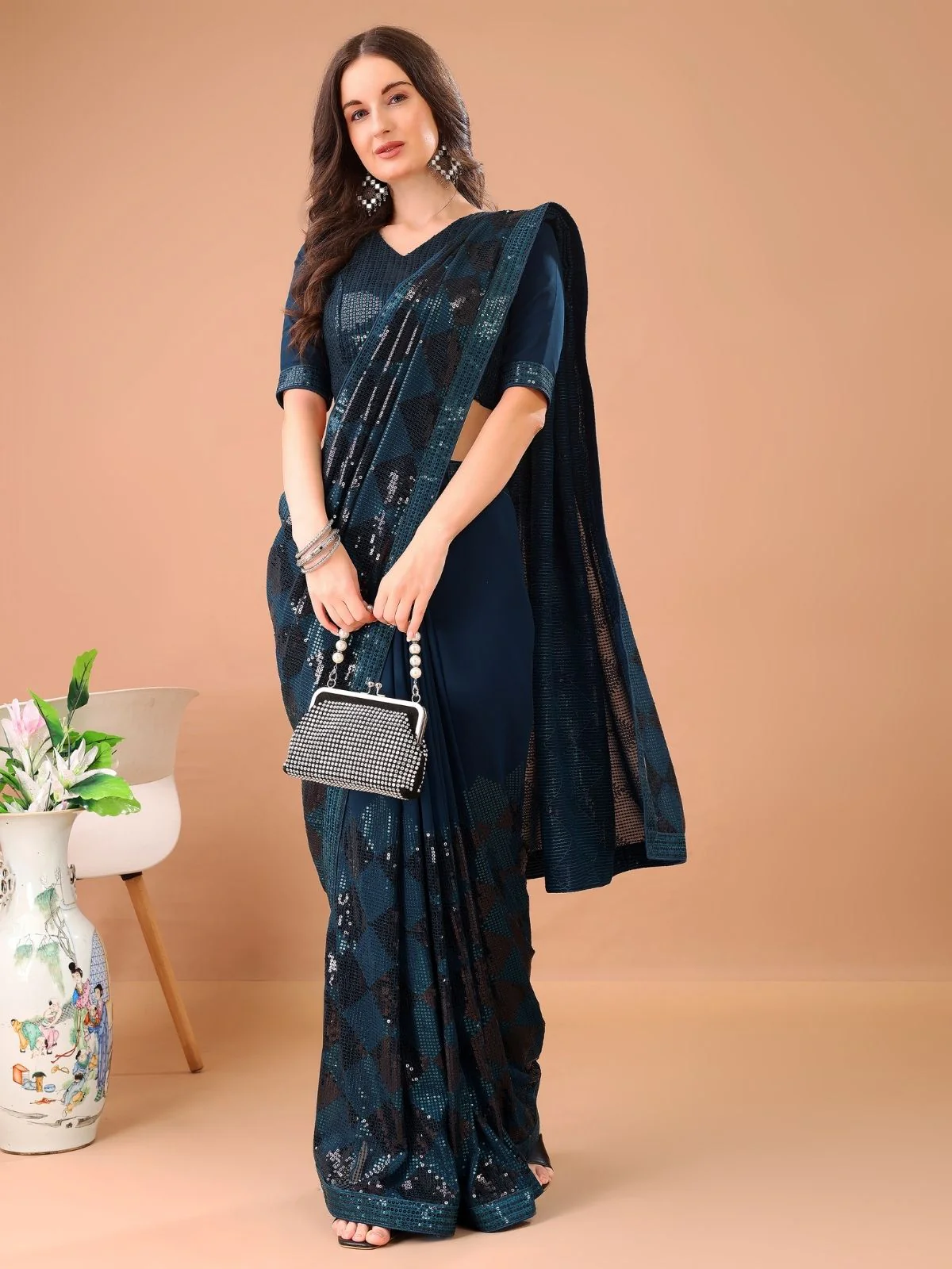 Odette Teal Georgette Sequin Elegant Saree For Women - Image 2