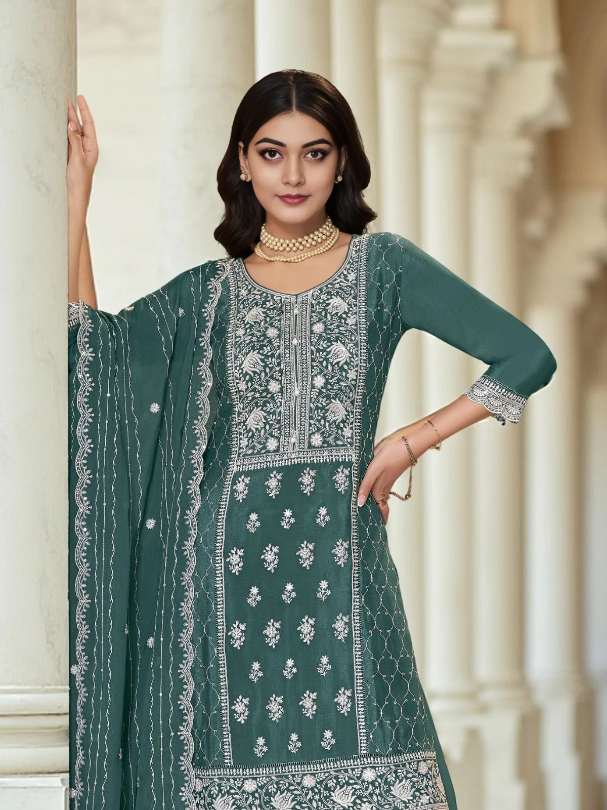 Odette Teal Green Chinon Embroidered Stitched Kurta Set For Women - Image 4