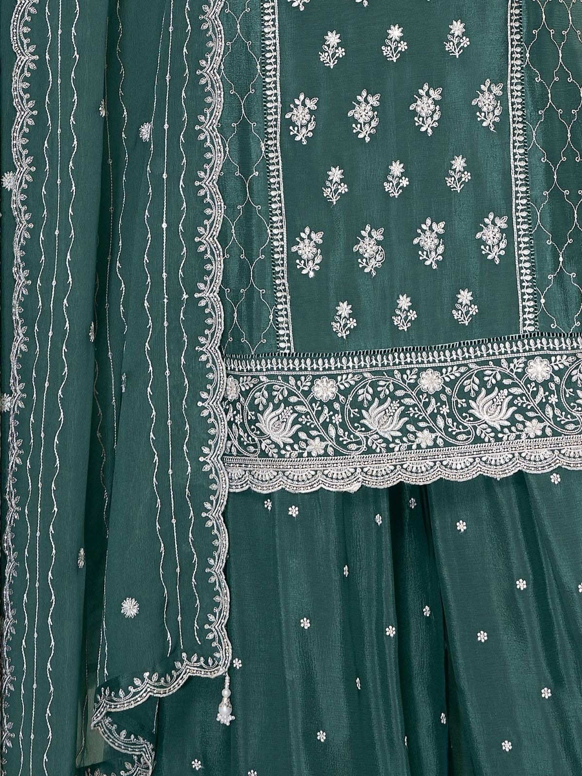 Odette Teal Green Chinon Embroidered Stitched Kurta Set For Women - Image 5