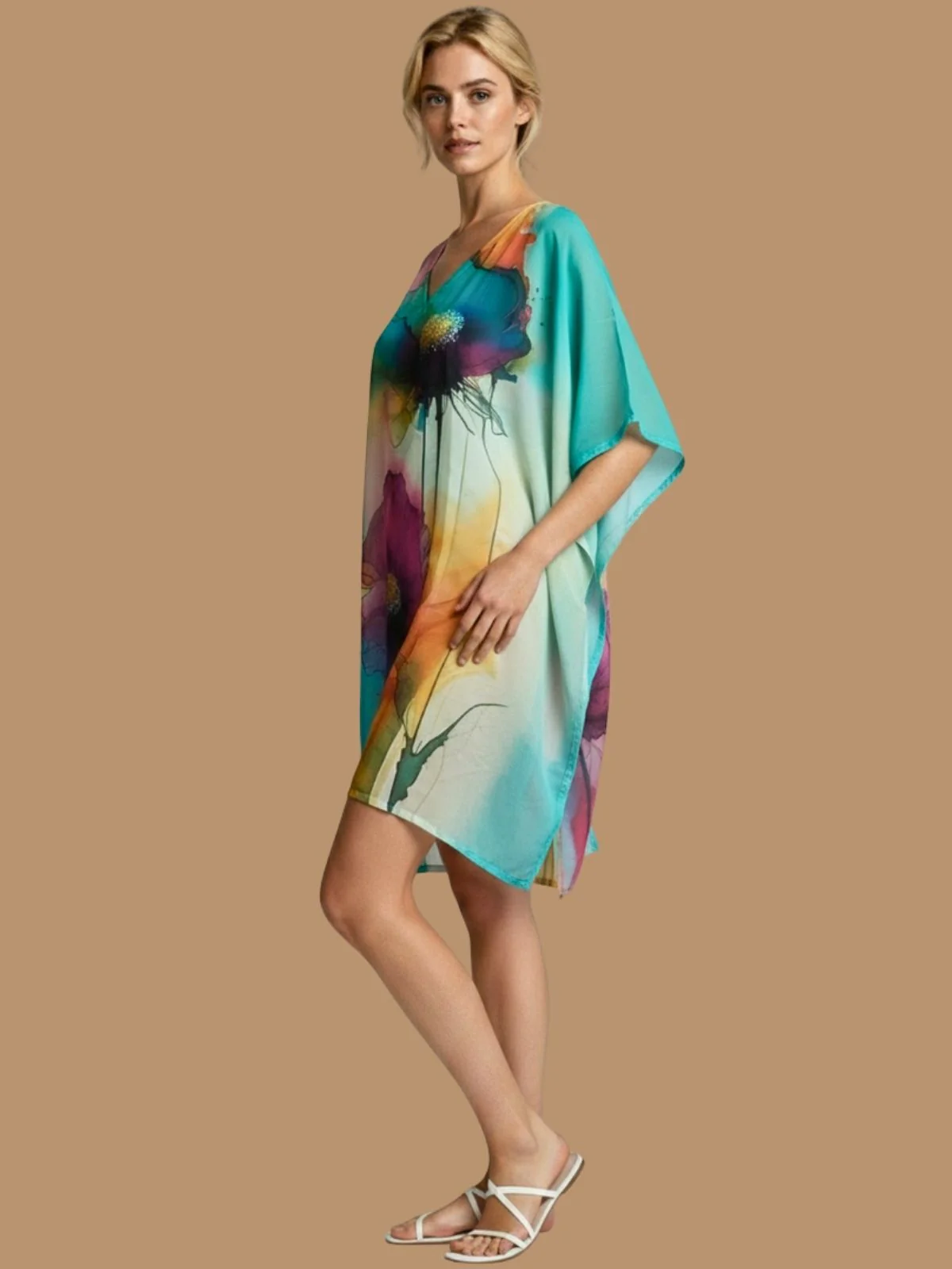 Odette Teal Green Cotton Blend Printed Kaftan For Women - Image 2