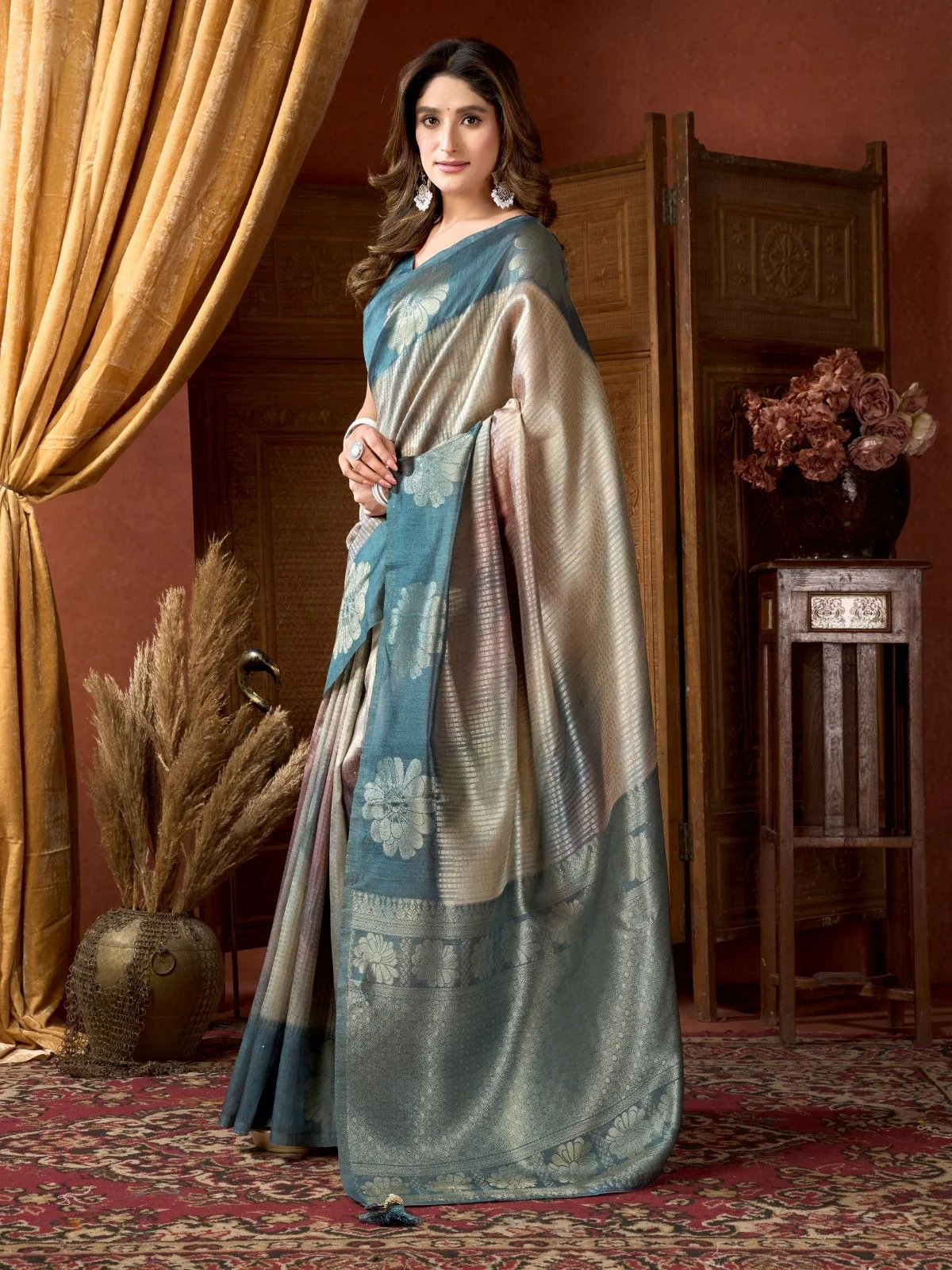 Odette Teal Green Cotton Blend Printed Saree For Women - Image 2