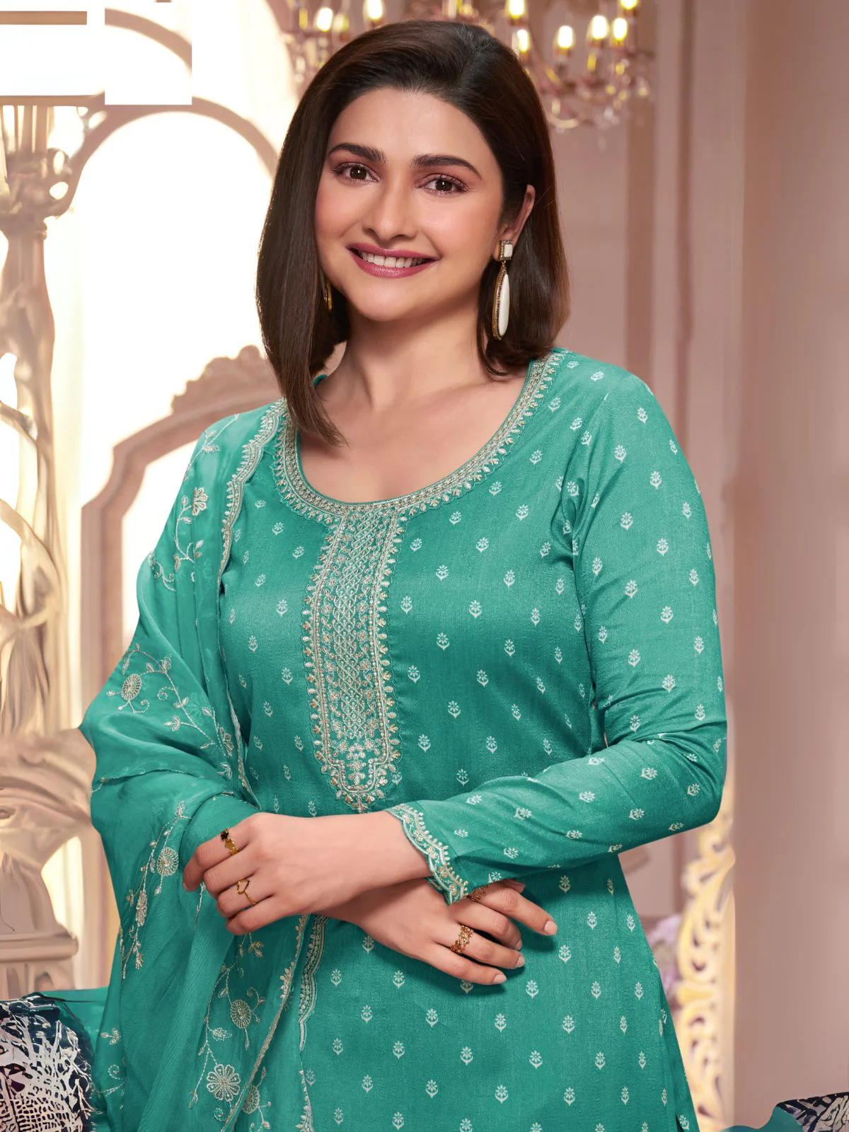 Odette Teal Green Embroidered Silk Blend Semi-Stitched Kurta Set For Women - Image 2