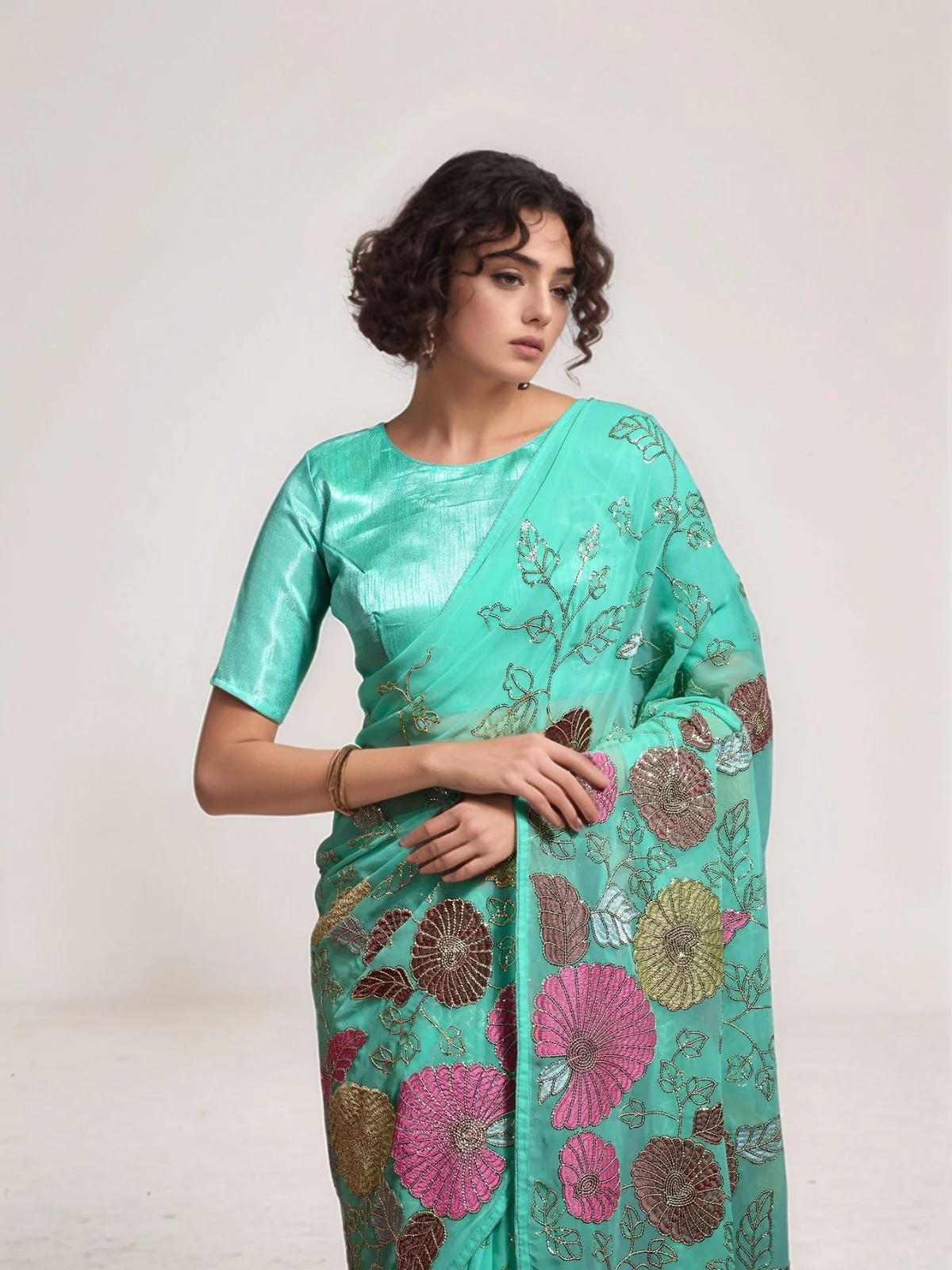 Odette Teal Green Georgette Embellished Saree For Women - Image 2