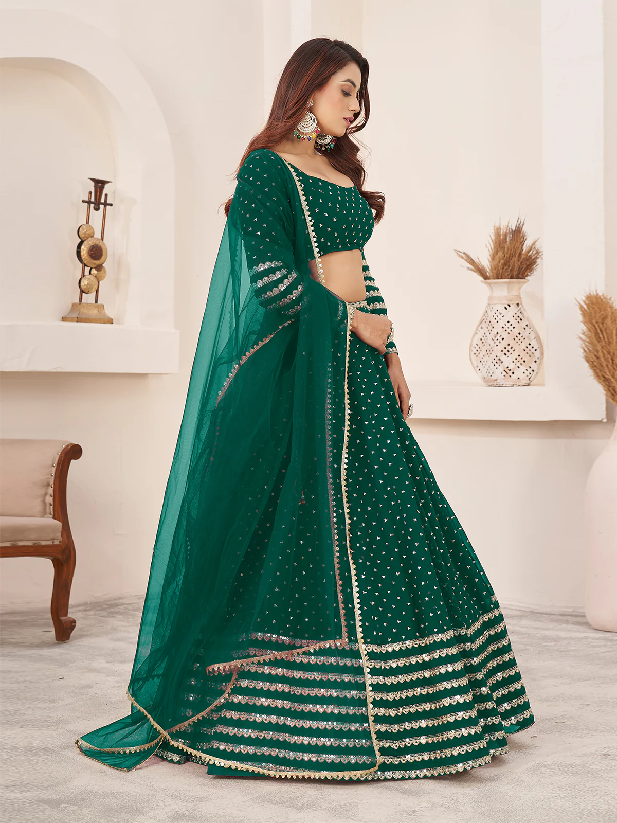 Odette Teal Georgette Embellished Semi Stitched Lehenga With Unstitched Blouse For Women - Image 3