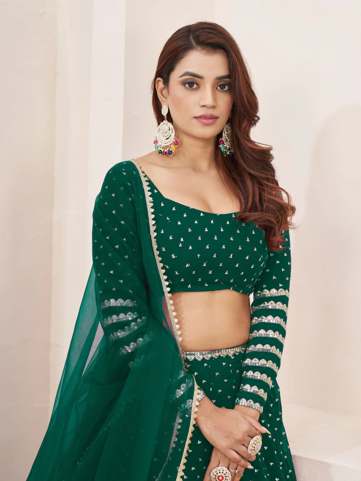 Odette Teal Georgette Embellished Semi Stitched Lehenga With Unstitched Blouse For Women - Image 4