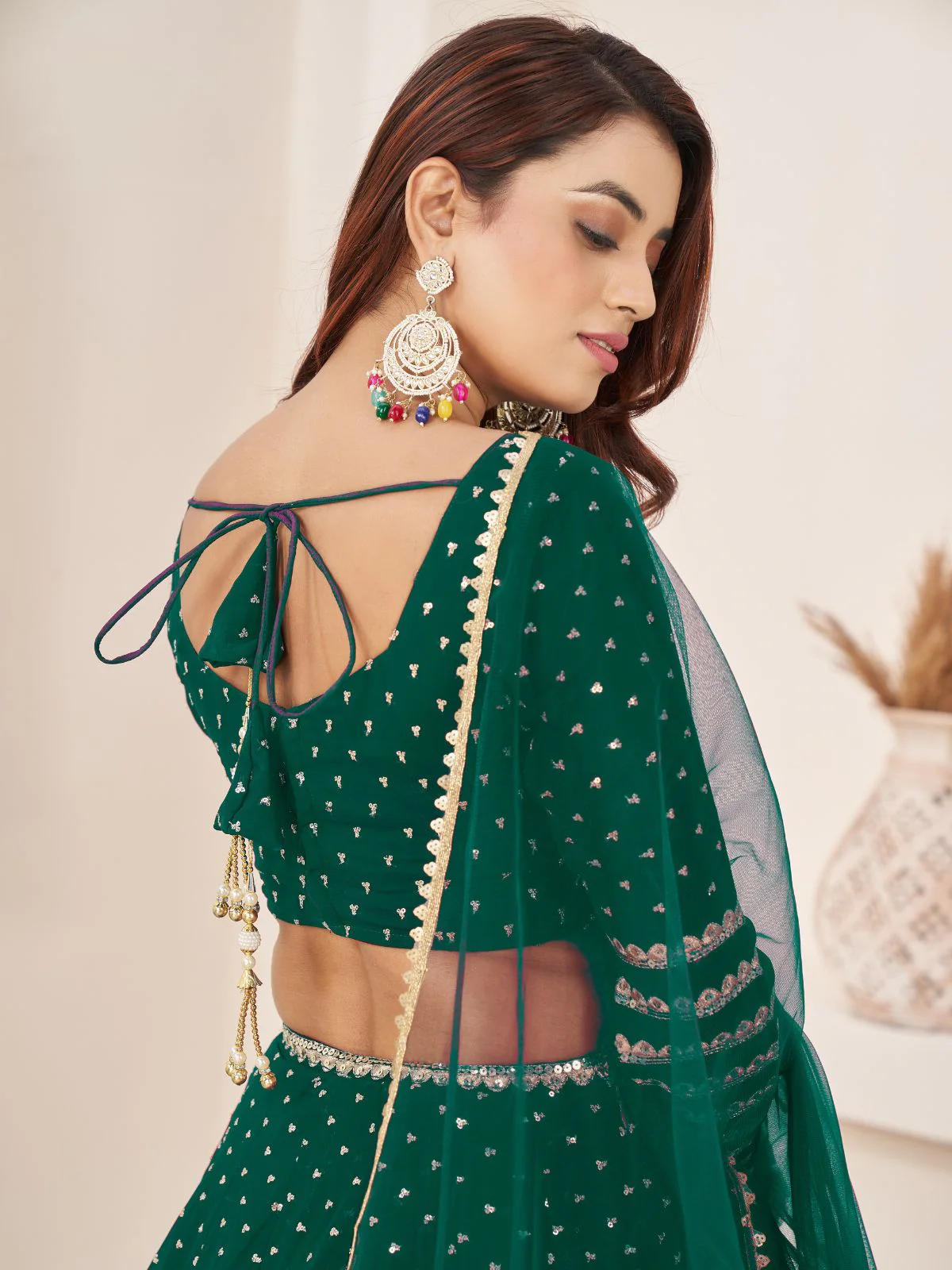 Odette Teal Georgette Embellished Semi Stitched Lehenga With Unstitched Blouse For Women - Image 5
