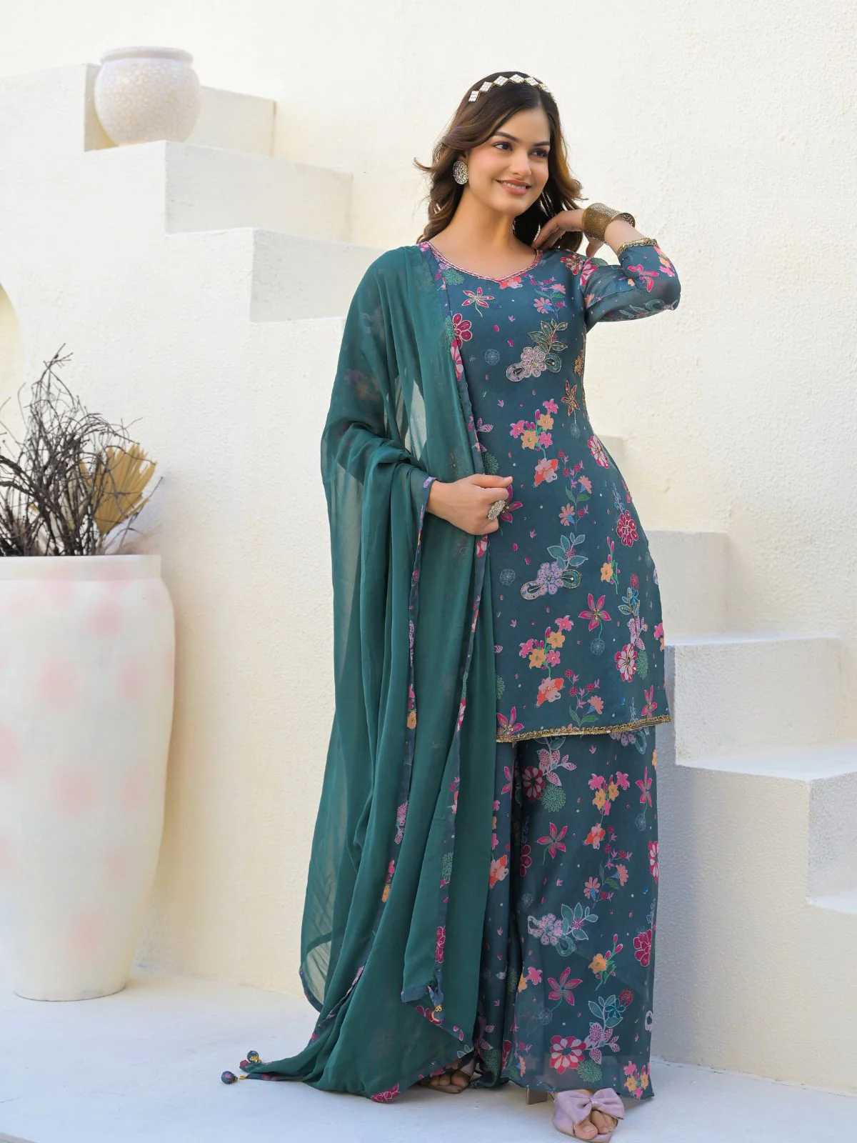 Odette Teal Green Georgette Embellished Stiched Kurta Set For Women - Image 2