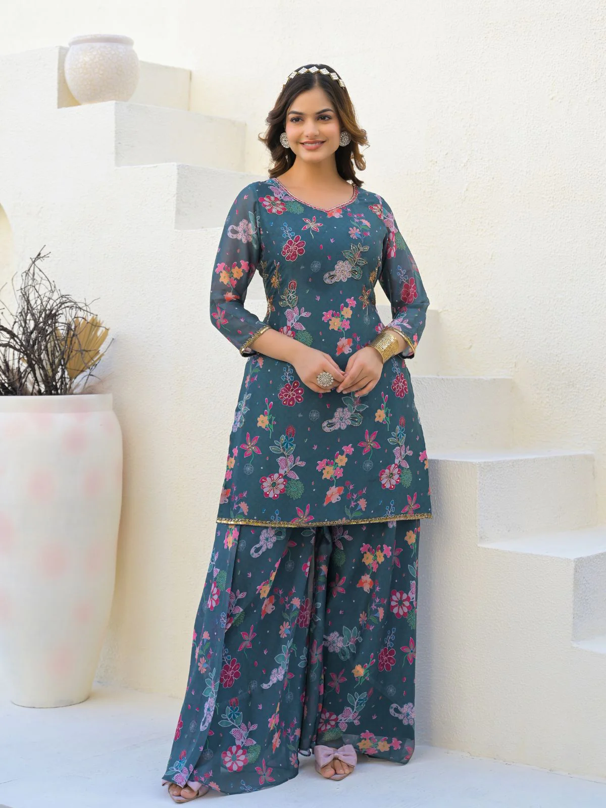 Odette Teal Green Georgette Embellished Stiched Kurta Set For Women - Image 3
