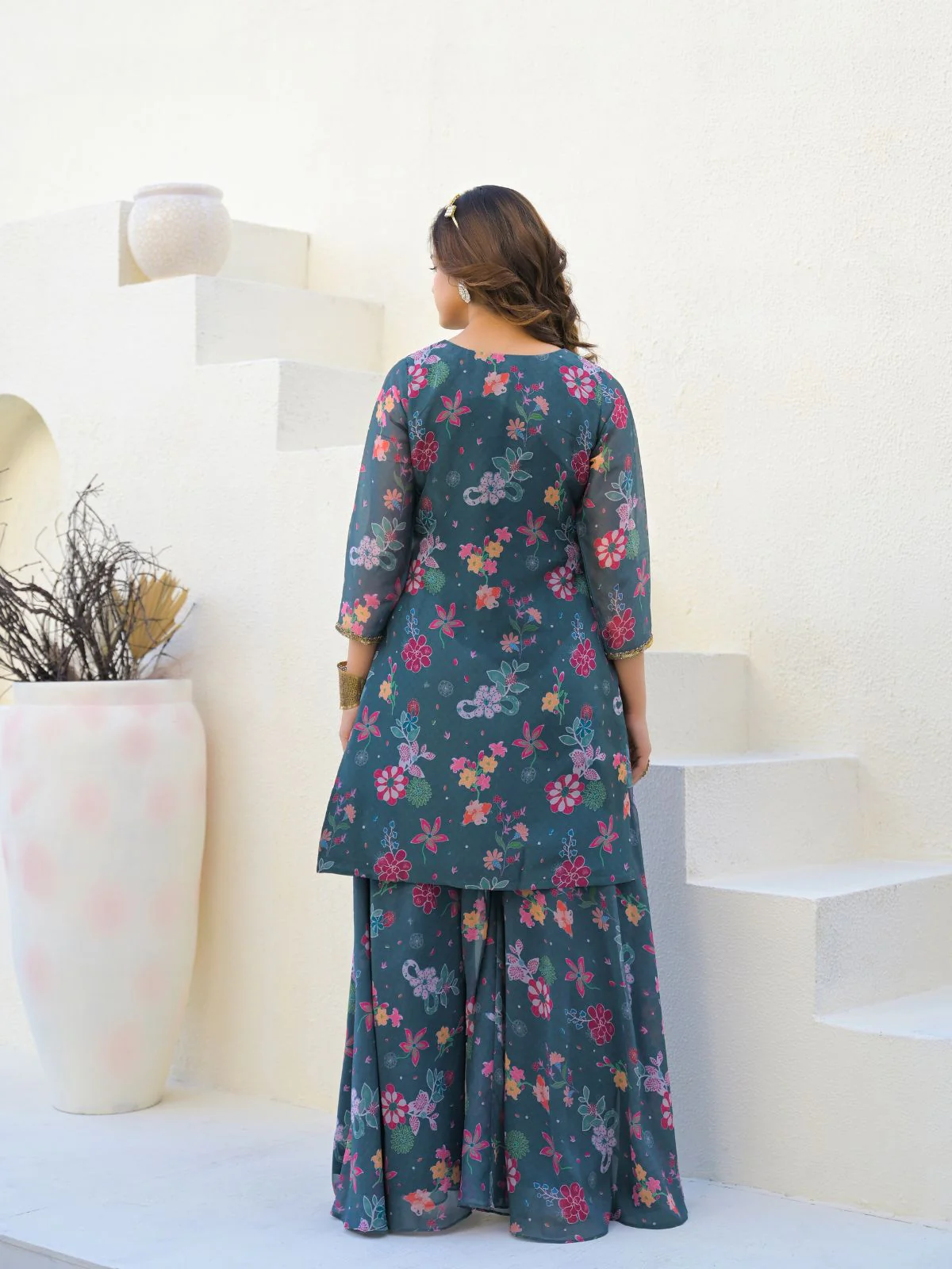 Odette Teal Green Georgette Embellished Stiched Kurta Set For Women - Image 4