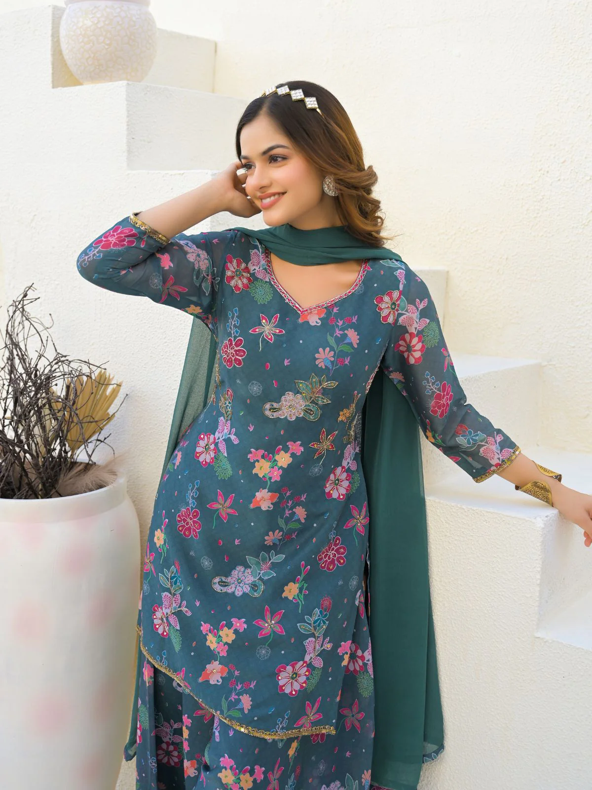 Odette Teal Green Georgette Embellished Stiched Kurta Set For Women - Image 6