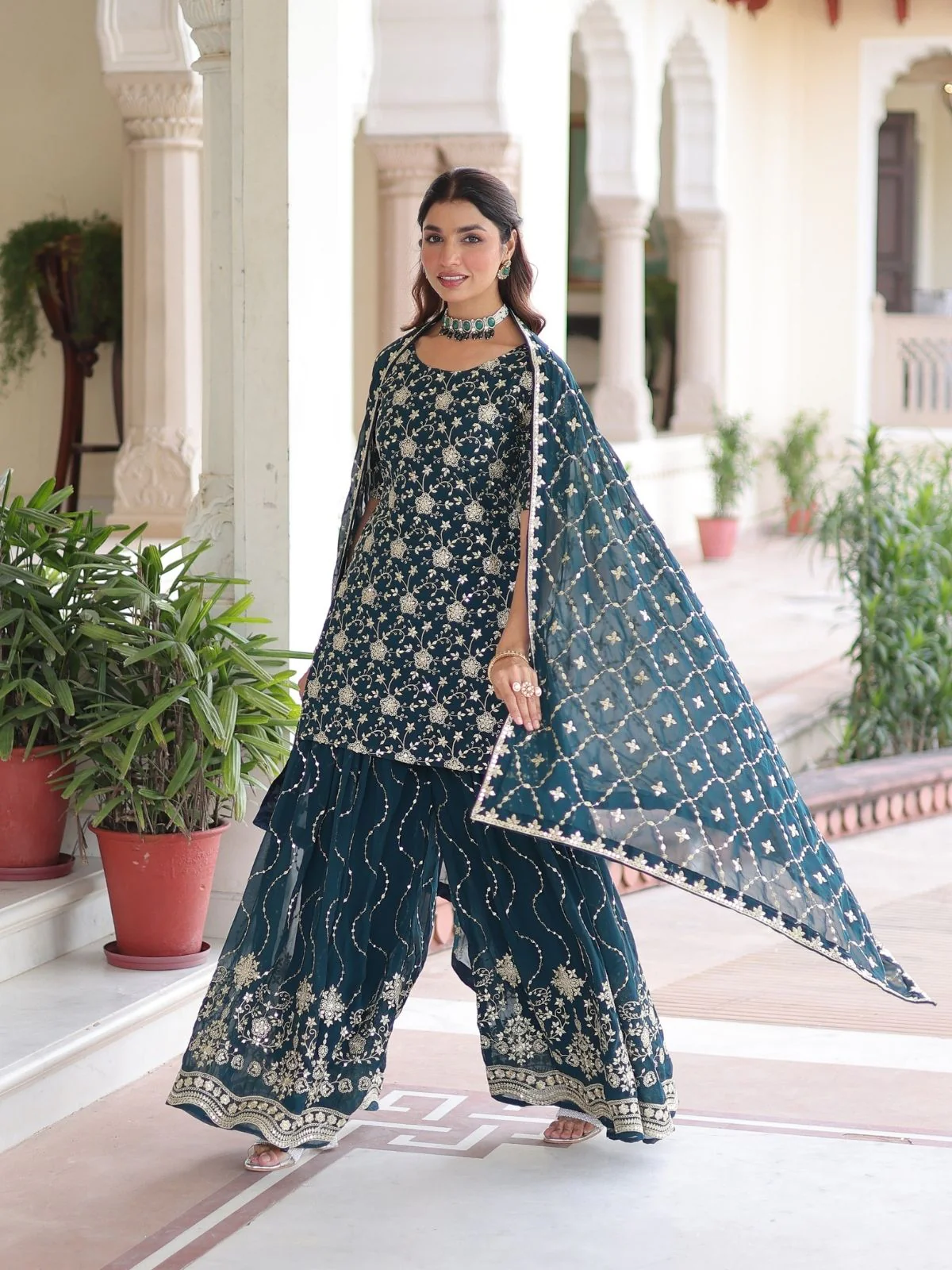 Odette Teal Green Georgette Embroidered Kurta Set For Women - Image 2