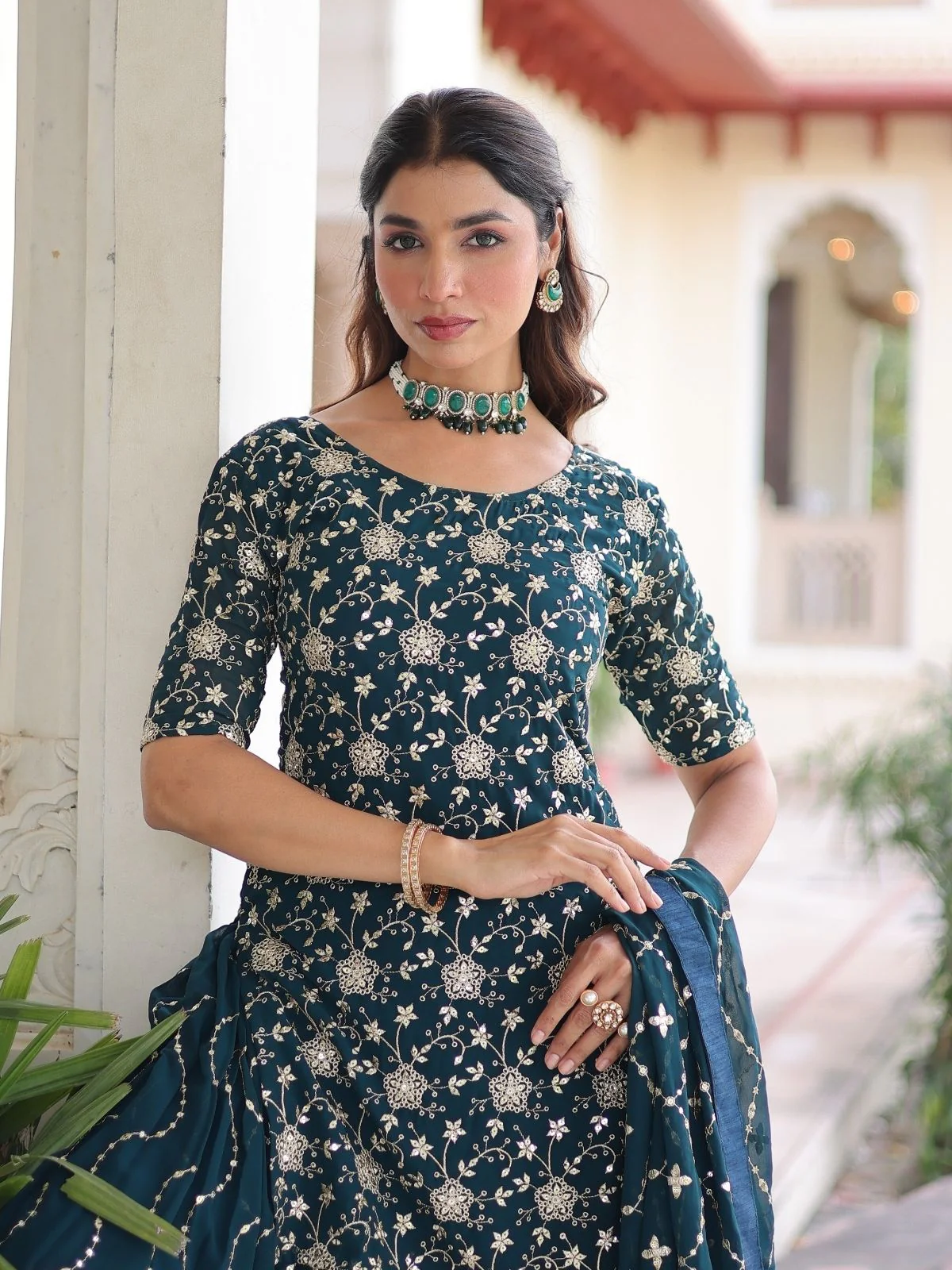 Odette Teal Green Georgette Embroidered Kurta Set For Women - Image 3