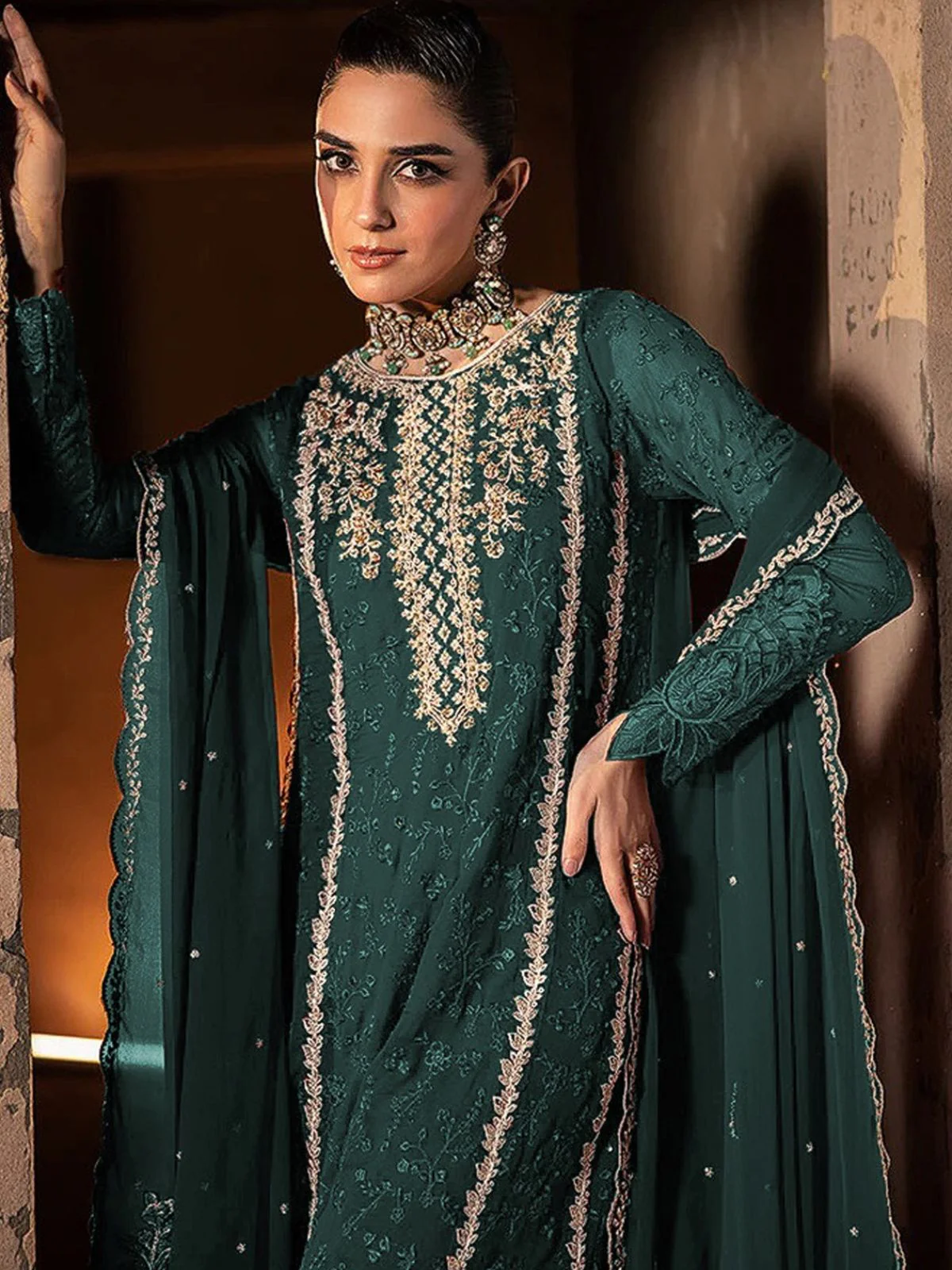 Odette Teal Green Georgette Embroidered Semi-Stitched Kurta Set For Women - Image 2