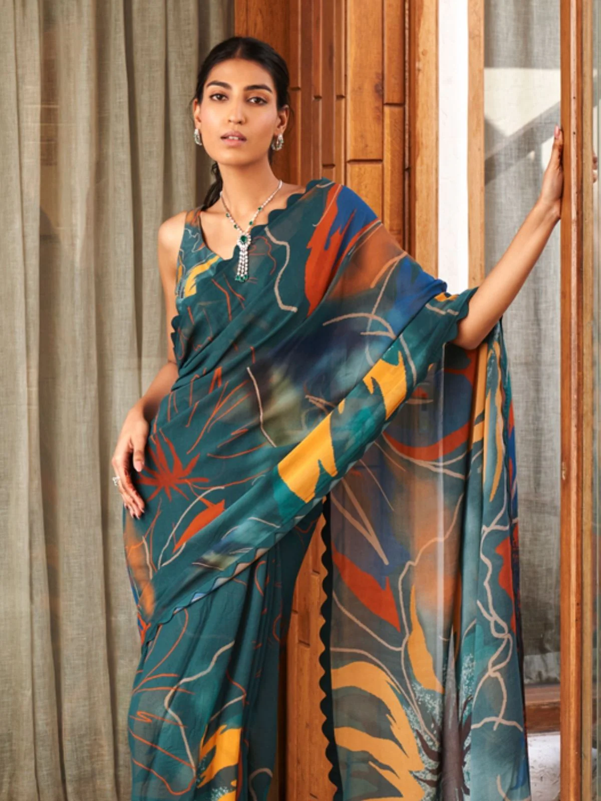 Odette Teal Green Georgette Printed Saree For Women - Image 4
