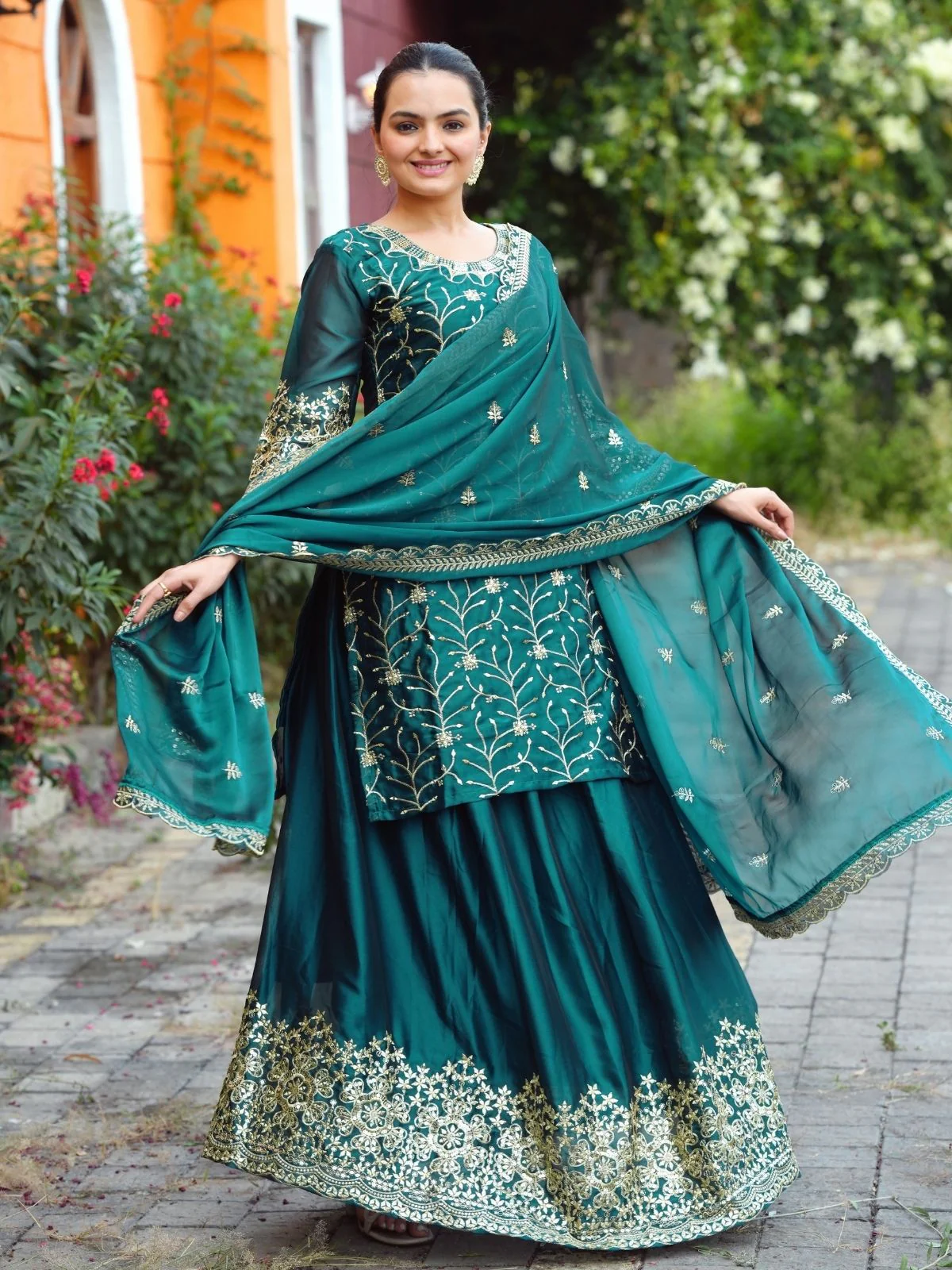 Odette Teal Green Poly Georgette Embroidered Stitched Kurta Set For Women - Image 2
