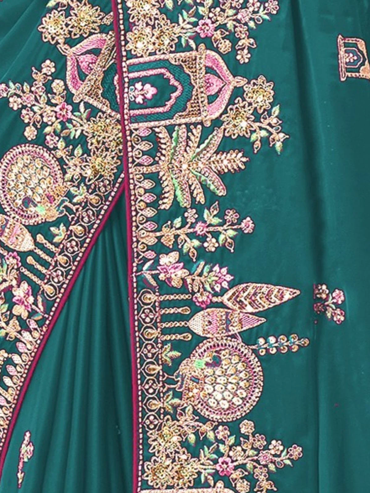 Odette Teal Green Satin Embroidered Saree For Women - Image 3