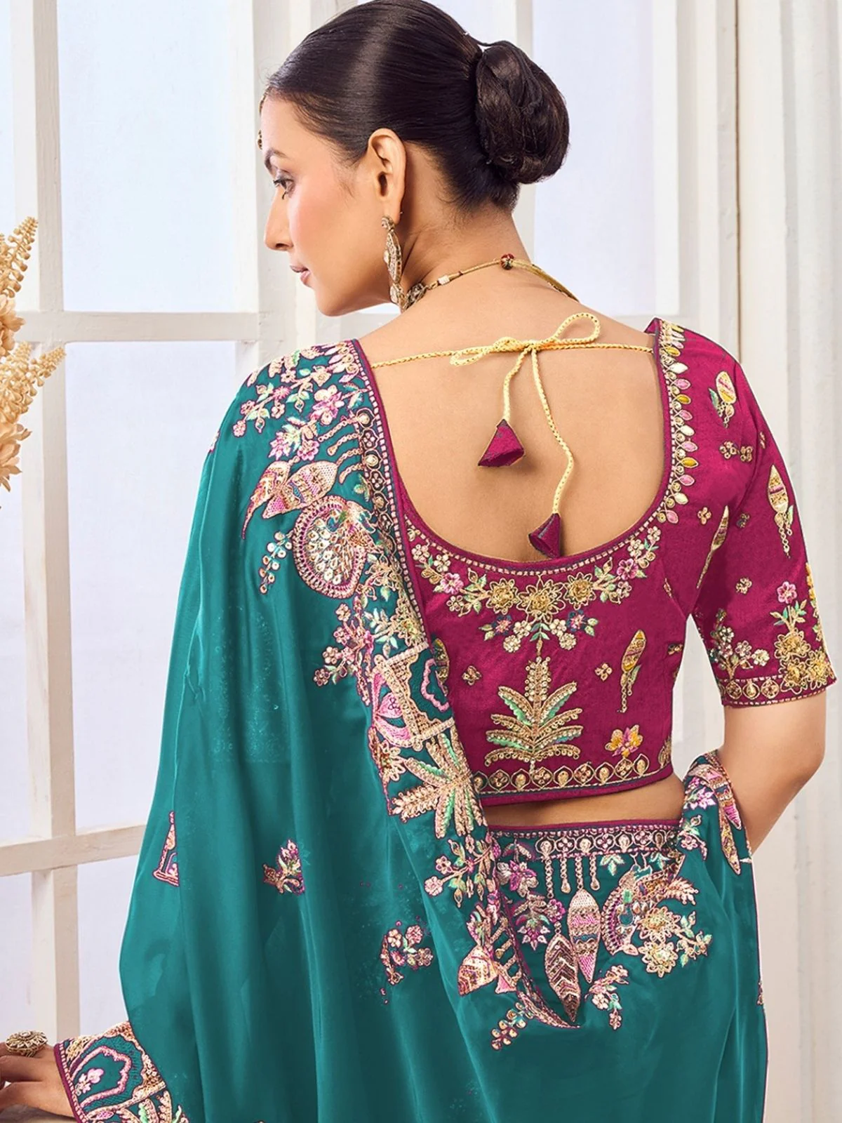 Odette Teal Green Satin Embroidered Saree For Women - Image 4