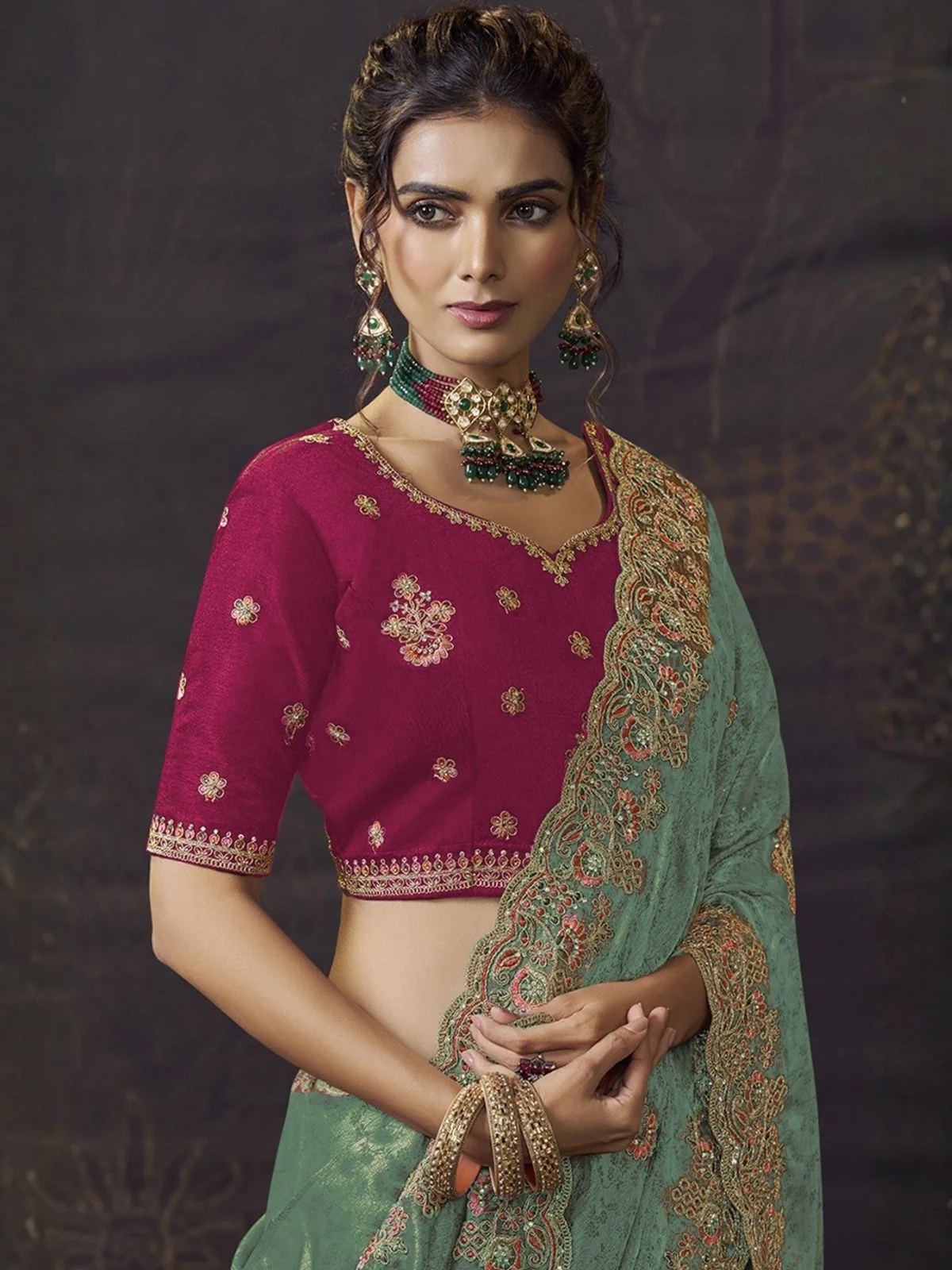 Odette Teal Green Satin Embroidered Saree For Women - Image 2
