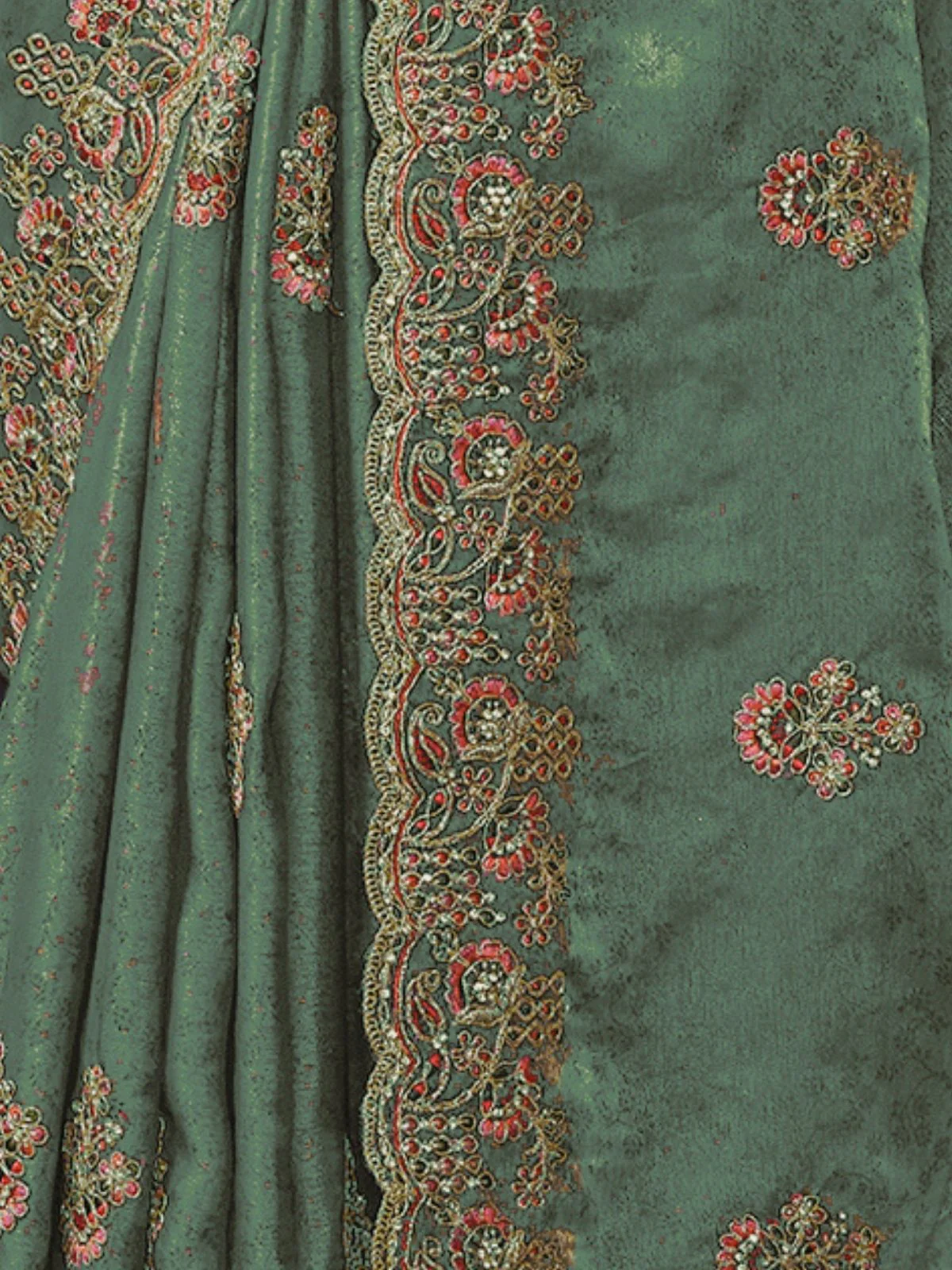 Odette Teal Green Satin Embroidered Saree For Women - Image 3