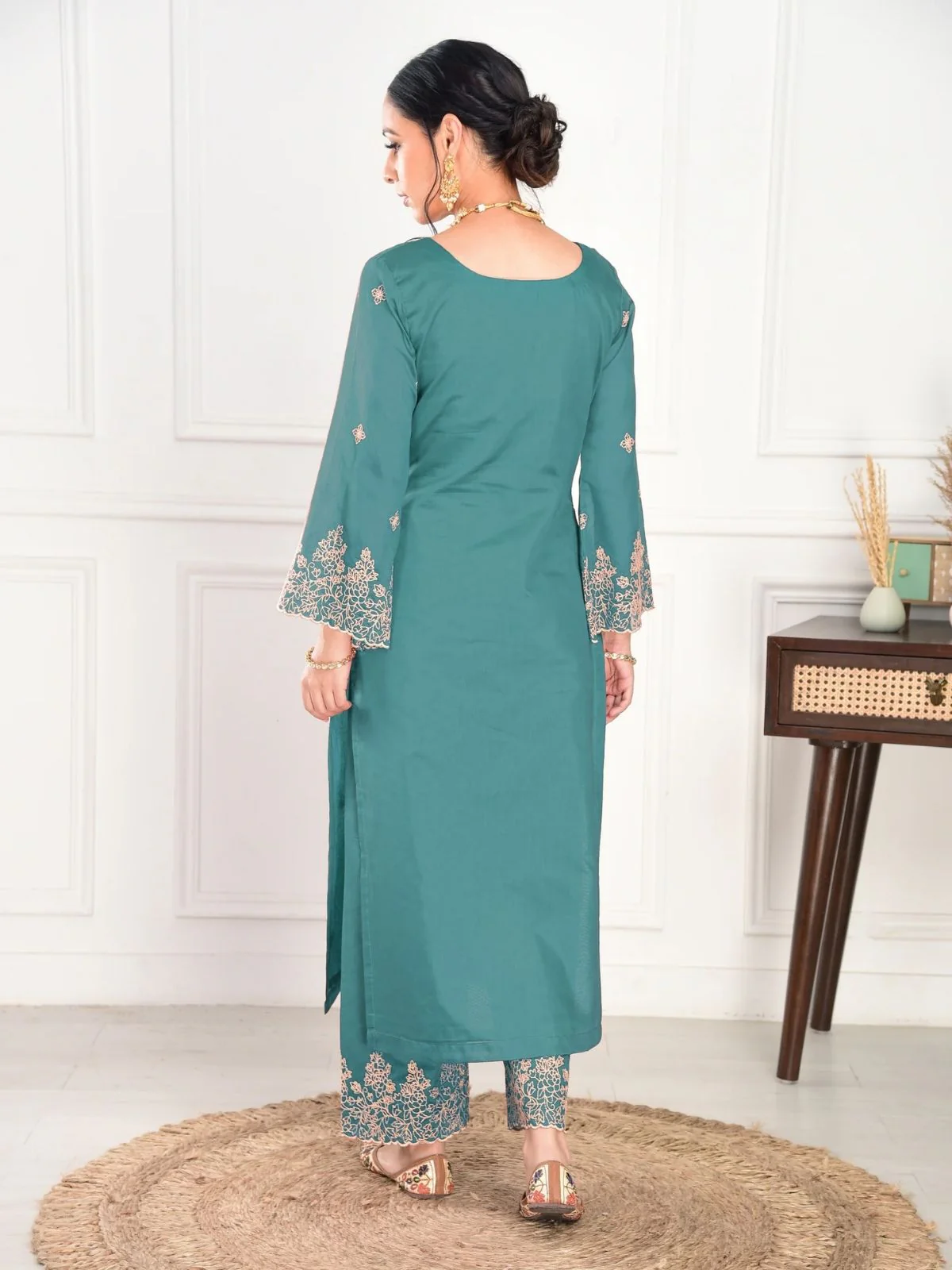 Odette Teal Green Silk Blend Embroidered Stiched Kurta Set For Women - Image 3
