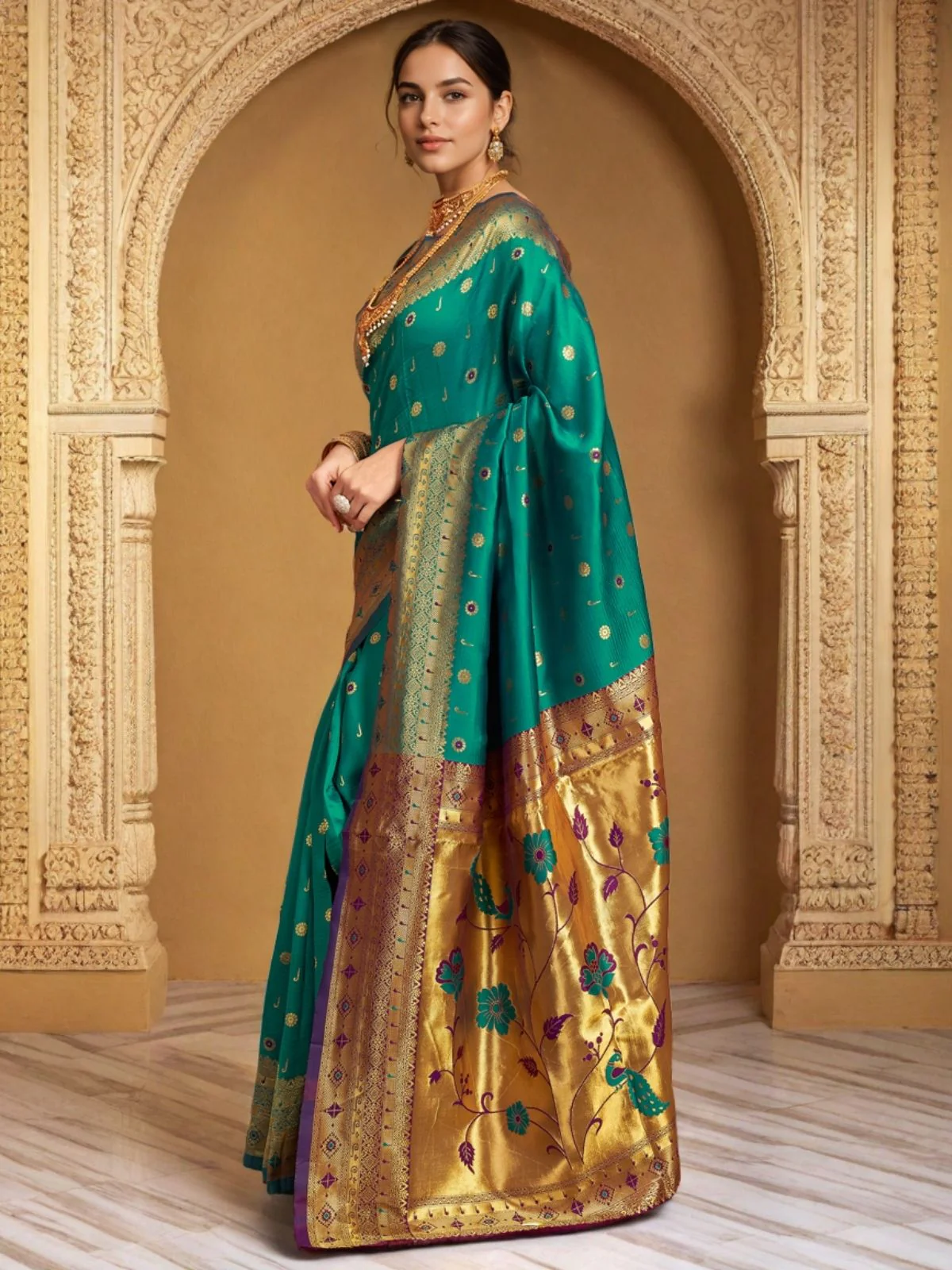 Odette Teal Green Silk Blend Woven Pithani Saree For Women - Image 2