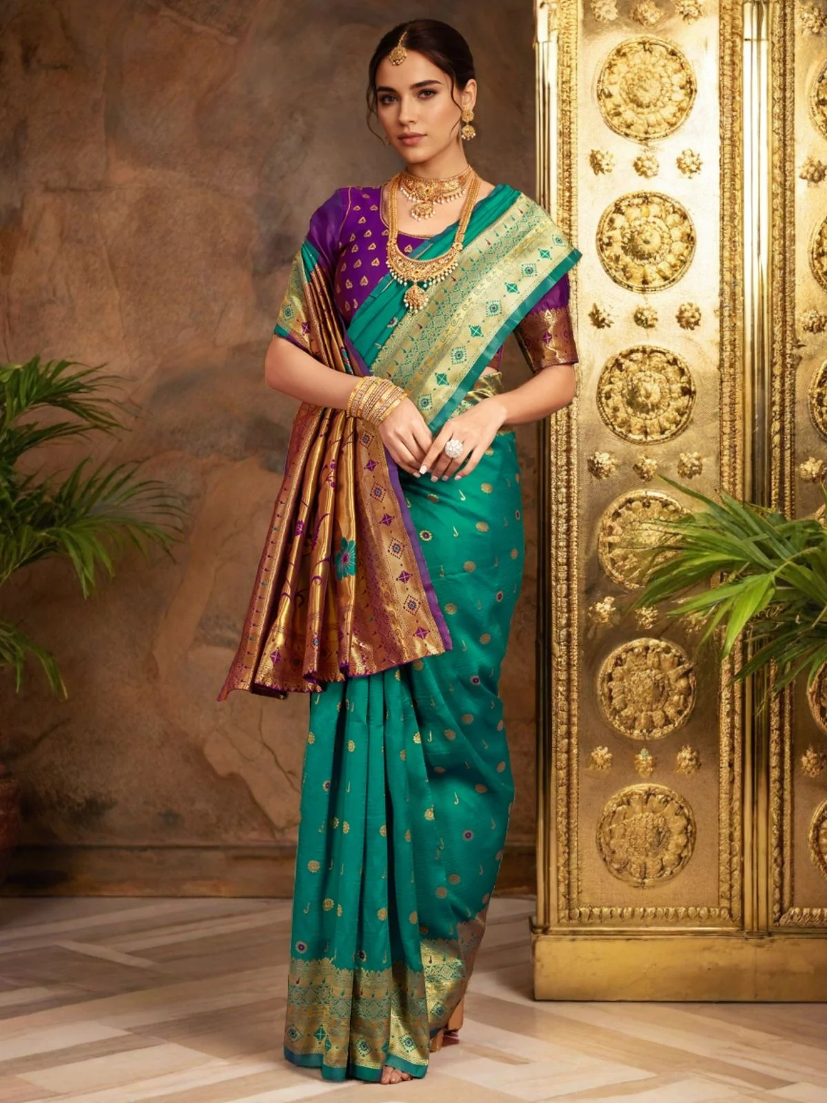 Odette Teal Green Silk Blend Woven Pithani Saree For Women - Image 3