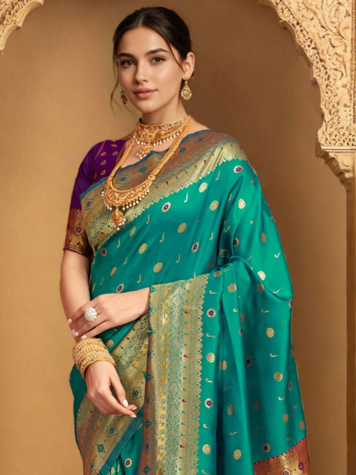 Odette Teal Green Silk Blend Woven Pithani Saree For Women - Image 4