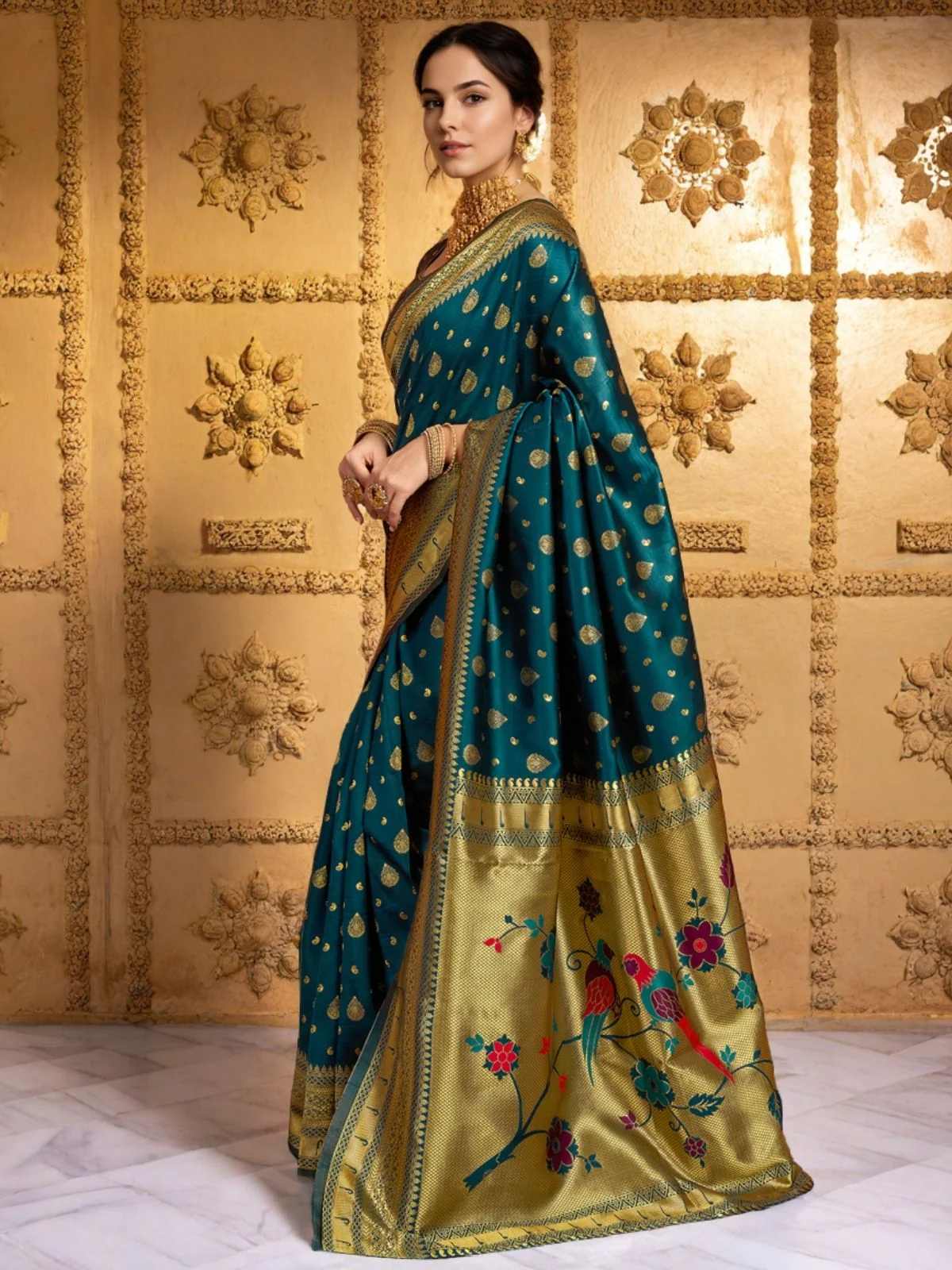 Odette Teal Green Silk Blend Woven Pithani Saree For Women - Image 2