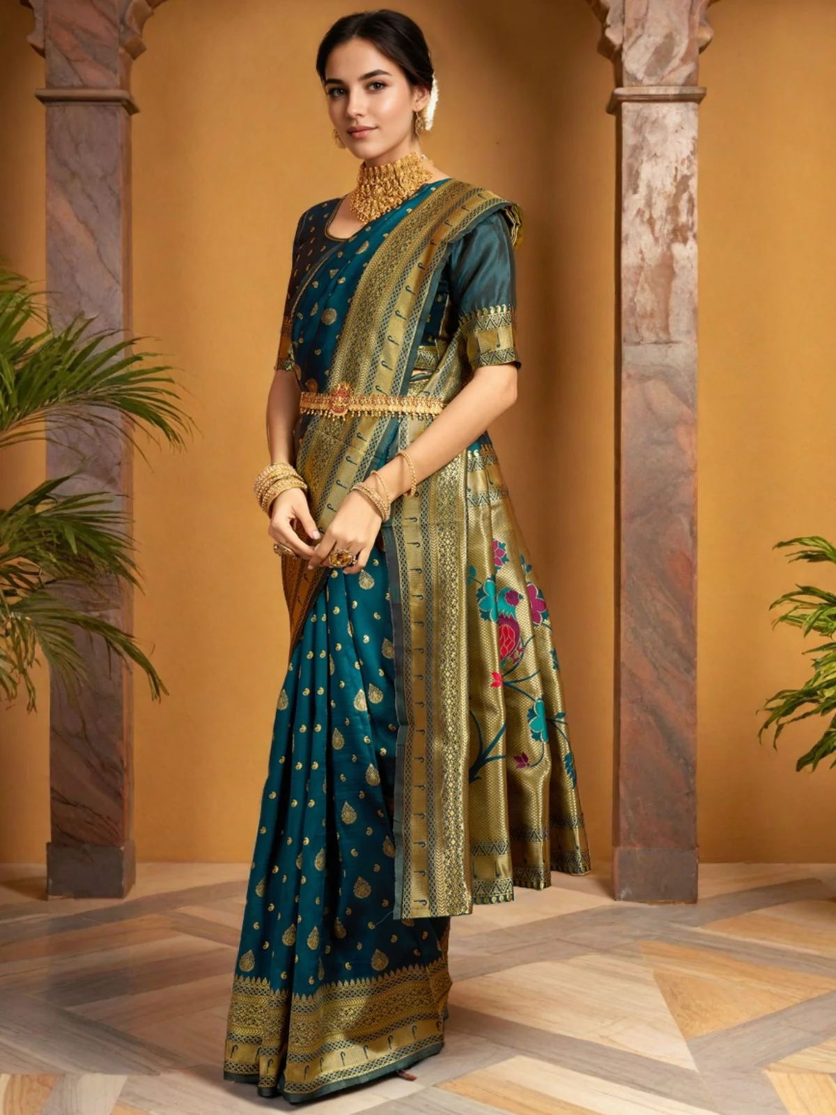 Odette Teal Green Silk Blend Woven Pithani Saree For Women - Image 3