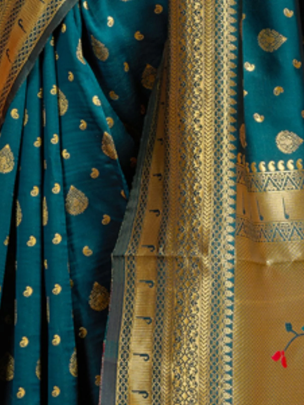 Odette Teal Green Silk Blend Woven Pithani Saree For Women - Image 6