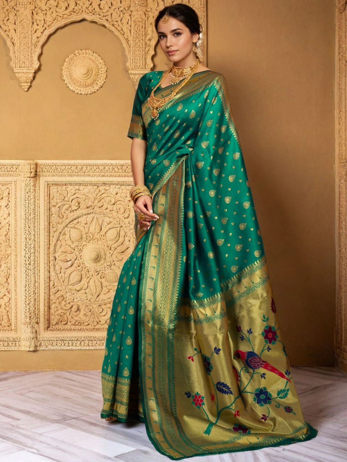 Odette Teal Green Silk Blend Woven Pithani Saree For Women - Image 3