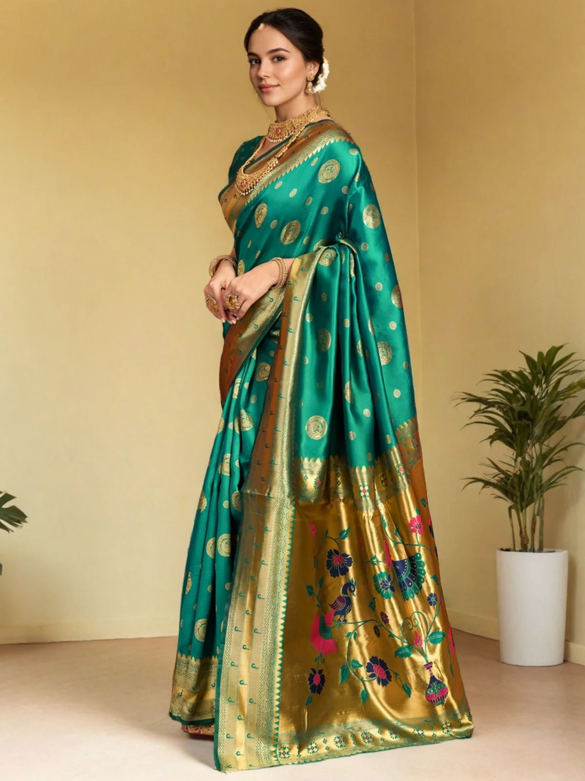 Odette Teal Green Silk Blend Woven Pithani Saree For Women - Image 2
