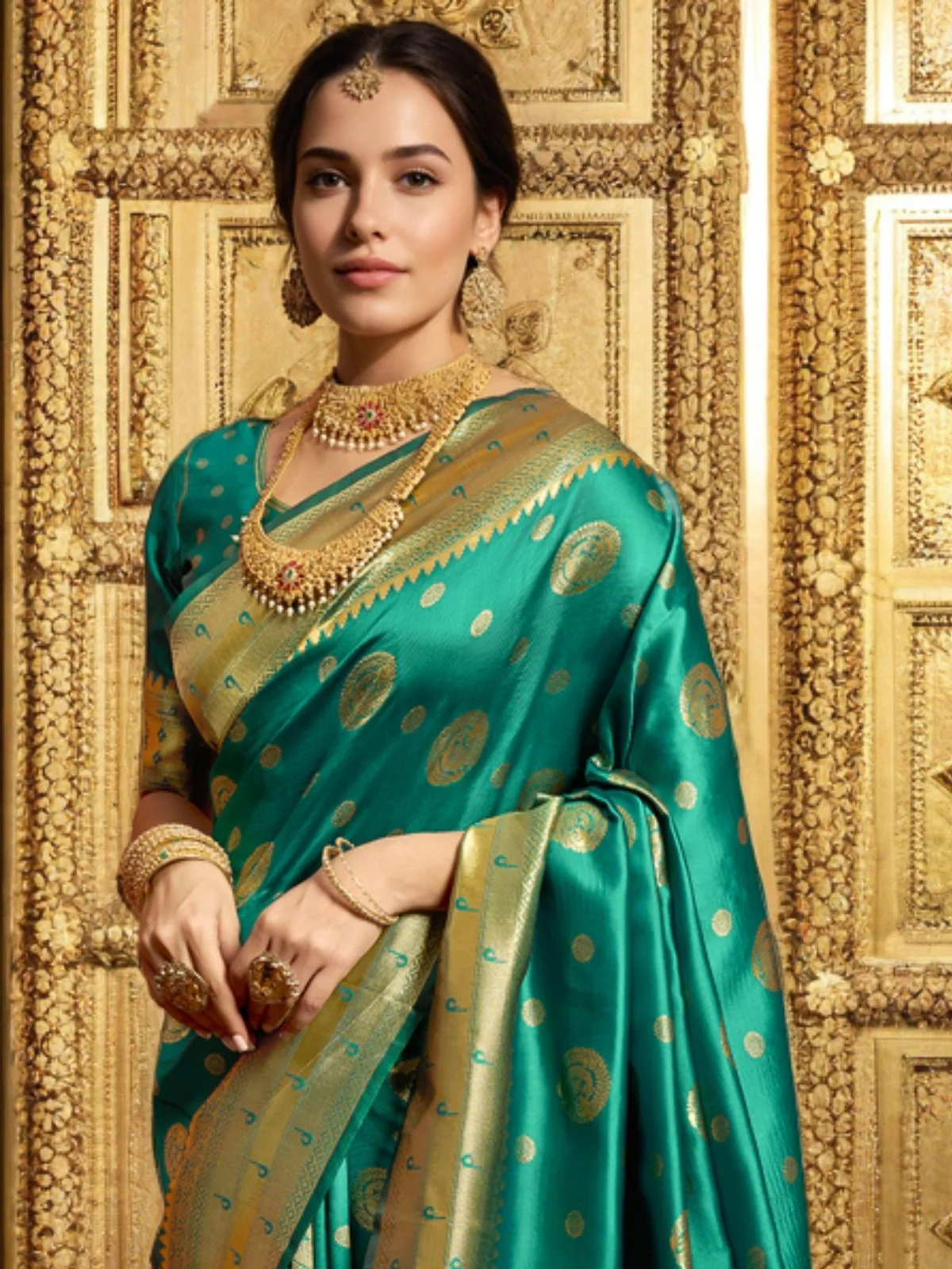 Odette Teal Green Silk Blend Woven Pithani Saree For Women - Image 5