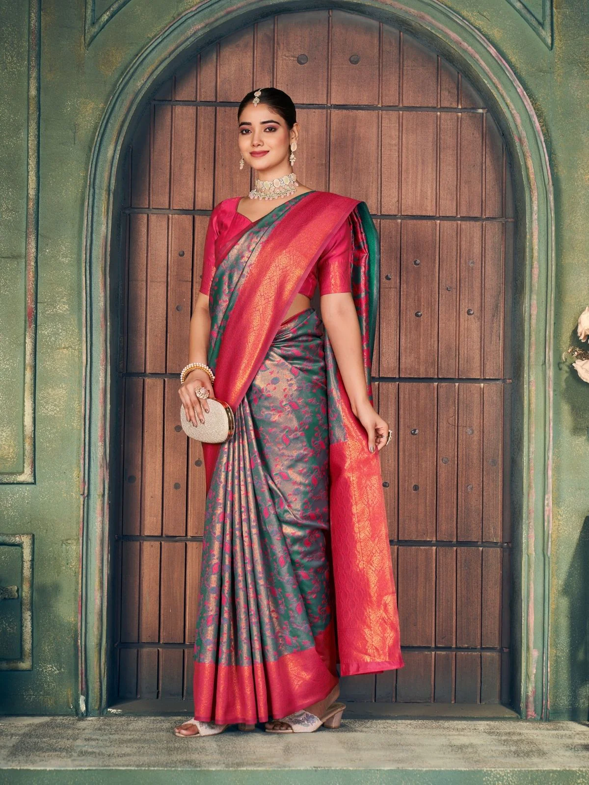 Odette Teal Green Silk Blend Woven Saree For Women - Image 2
