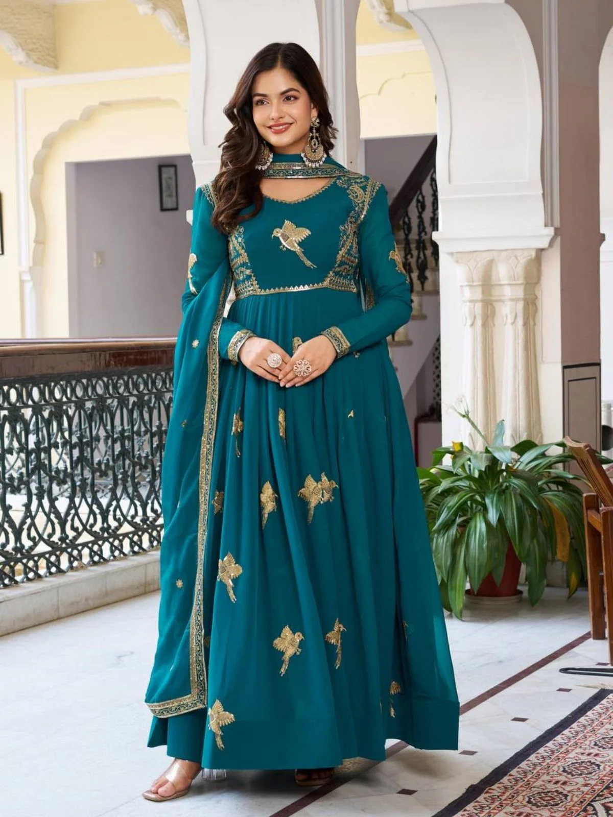 Odette Teal Green Silk Solid Stitched Kurta Set For Women - Image 2