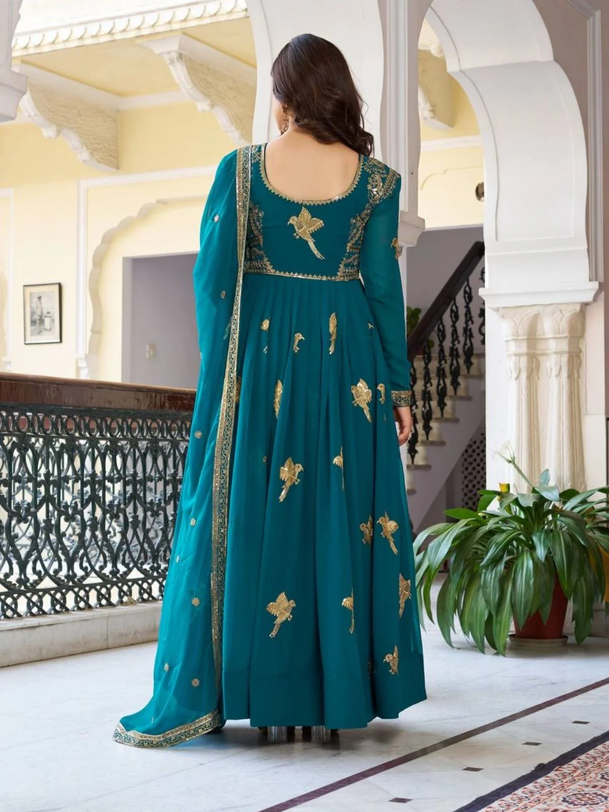 Odette Teal Green Silk Solid Stitched Kurta Set For Women - Image 3