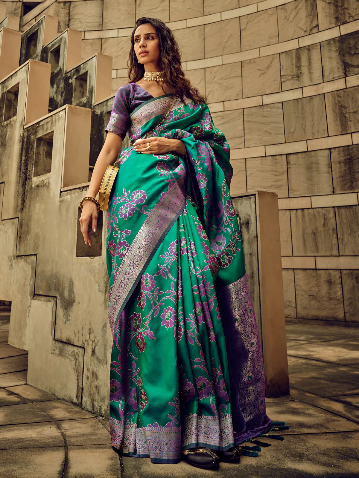 Odette Teal Handloom Woven Satin Saree For Women - Image 2