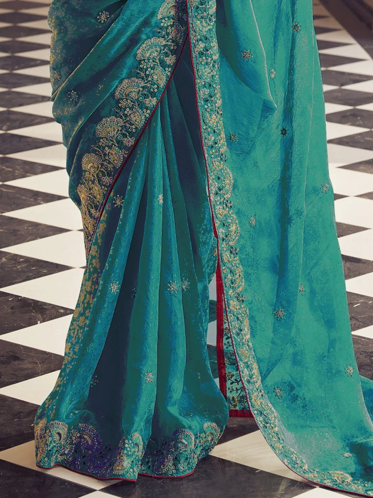 Odette Teal Jacquard Embroidered Elegant Saree For Women - Image 2