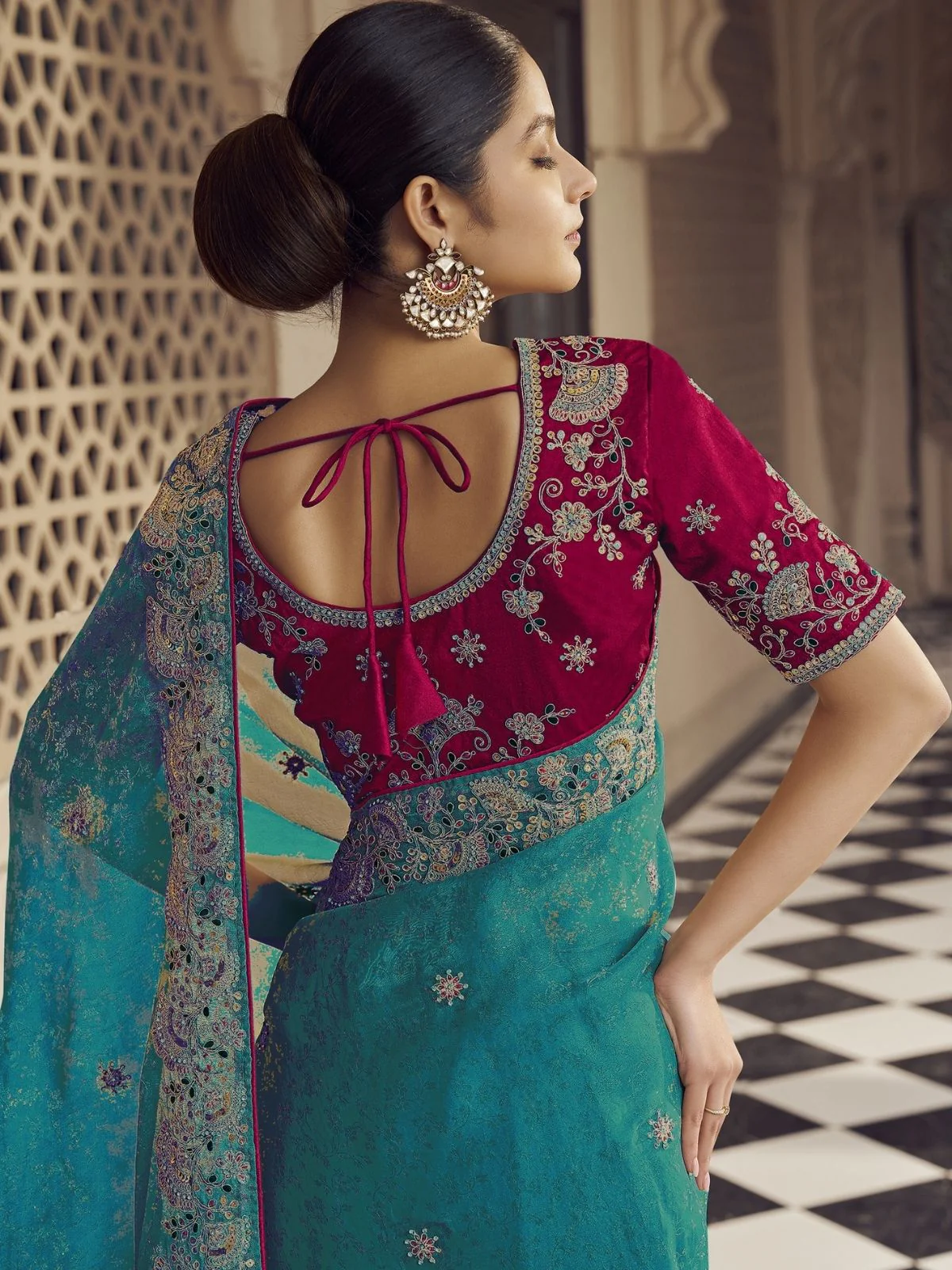 Odette Teal Jacquard Embroidered Elegant Saree For Women - Image 3