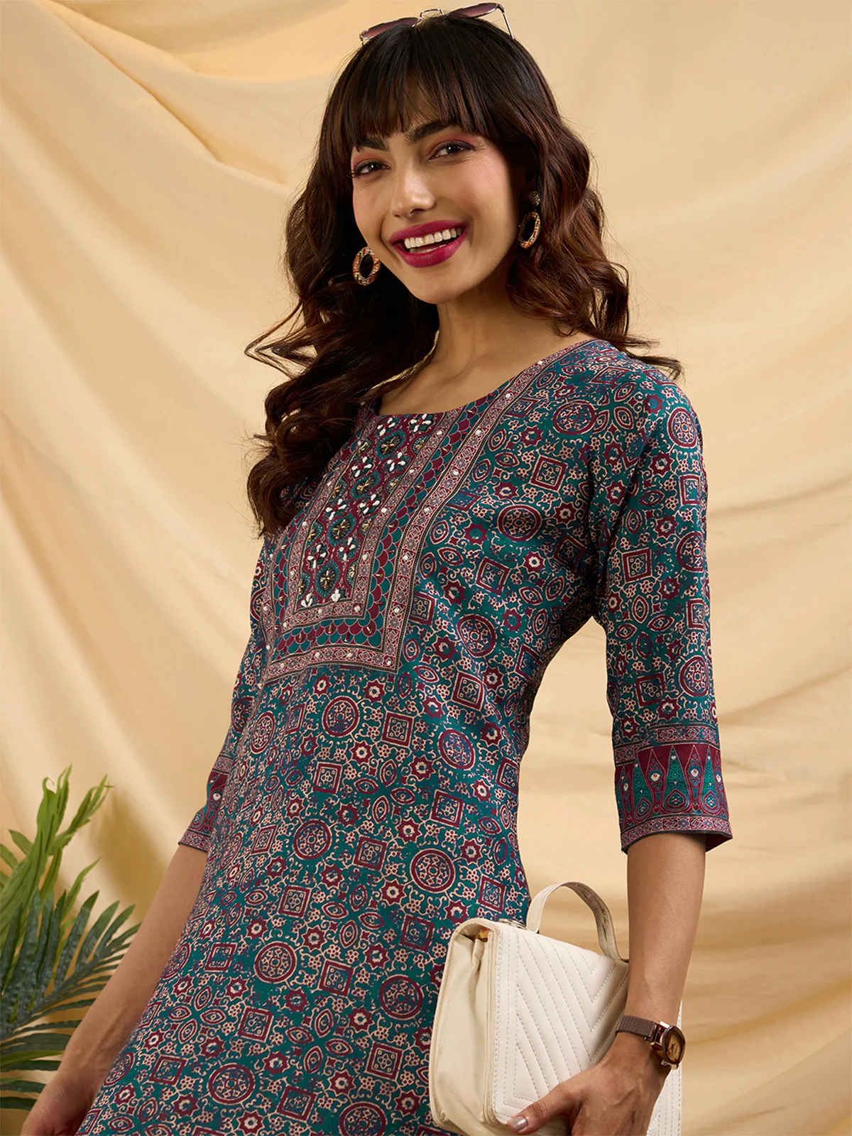 Odette Teal Linen Printed Stitched Kurta for Women - Image 5