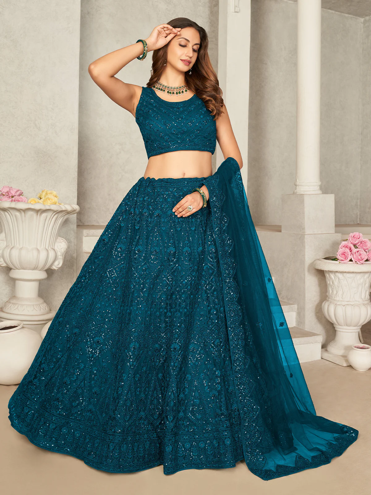 Odette Teal Net Embellished Semi Stitched Lehenga With Unstitched Blouse for Women - Image 2