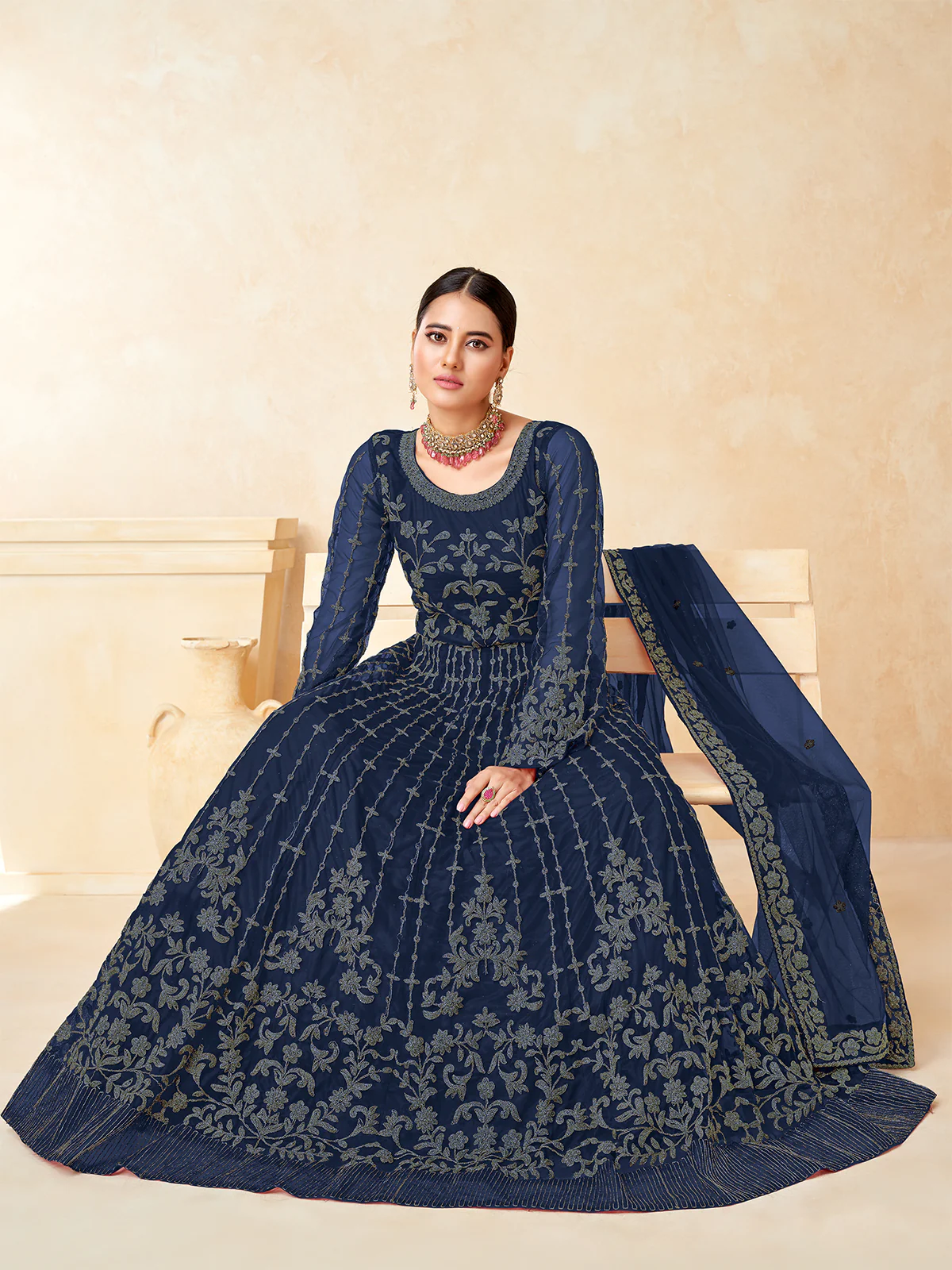 Odette Teal Net Embroidered Semi stitched Kurta Set For Women - Image 2