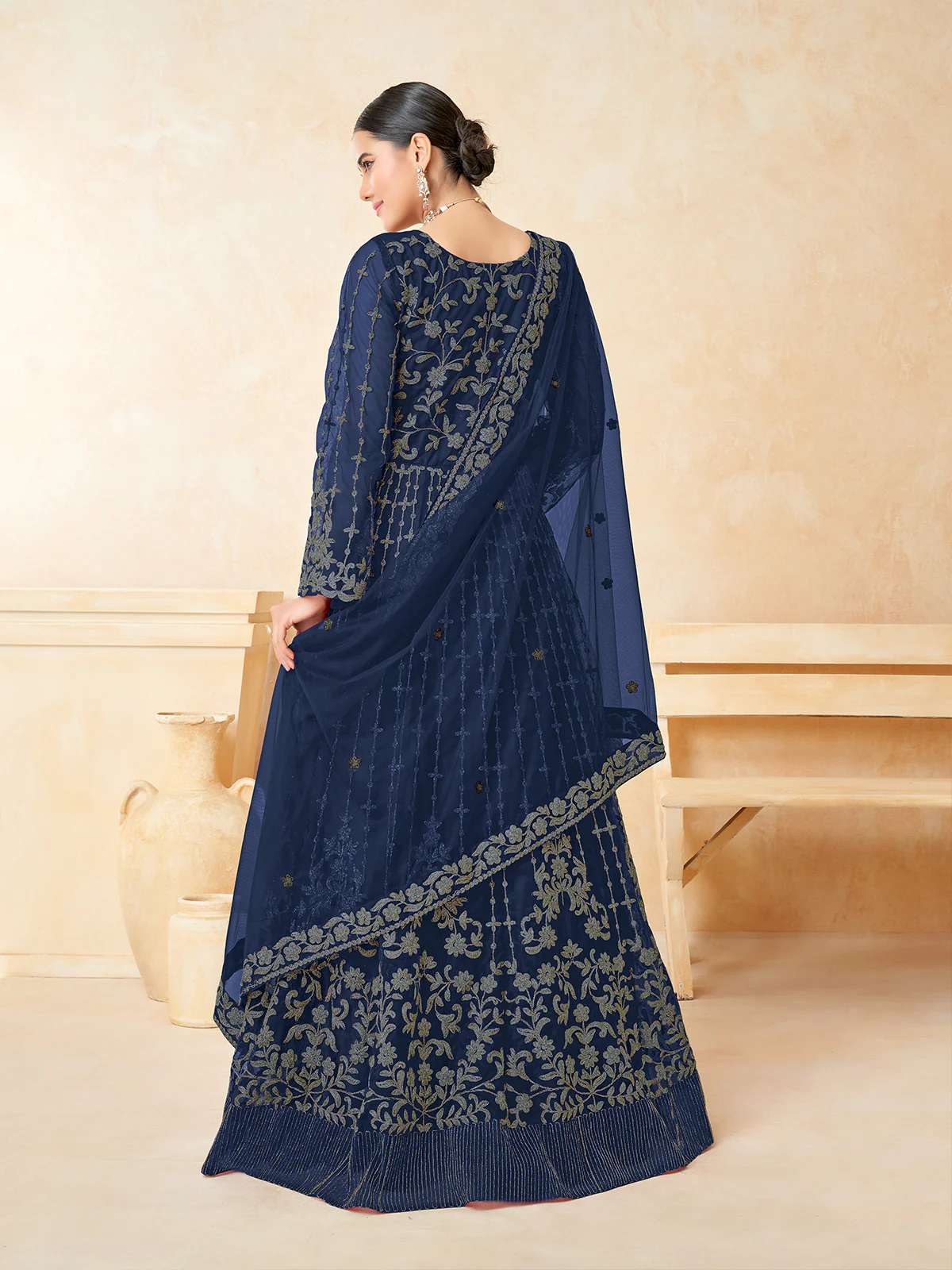 Odette Teal Net Embroidered Semi stitched Kurta Set For Women - Image 3