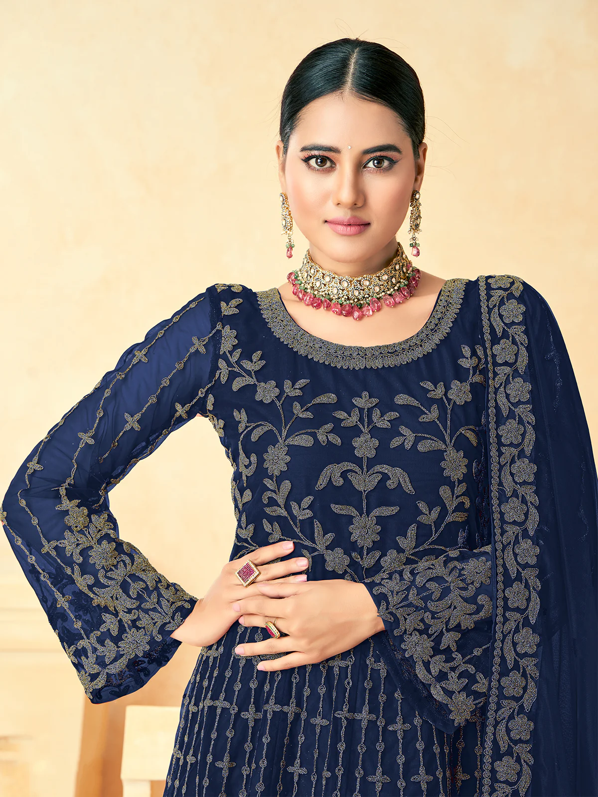 Odette Teal Net Embroidered Semi stitched Kurta Set For Women - Image 4