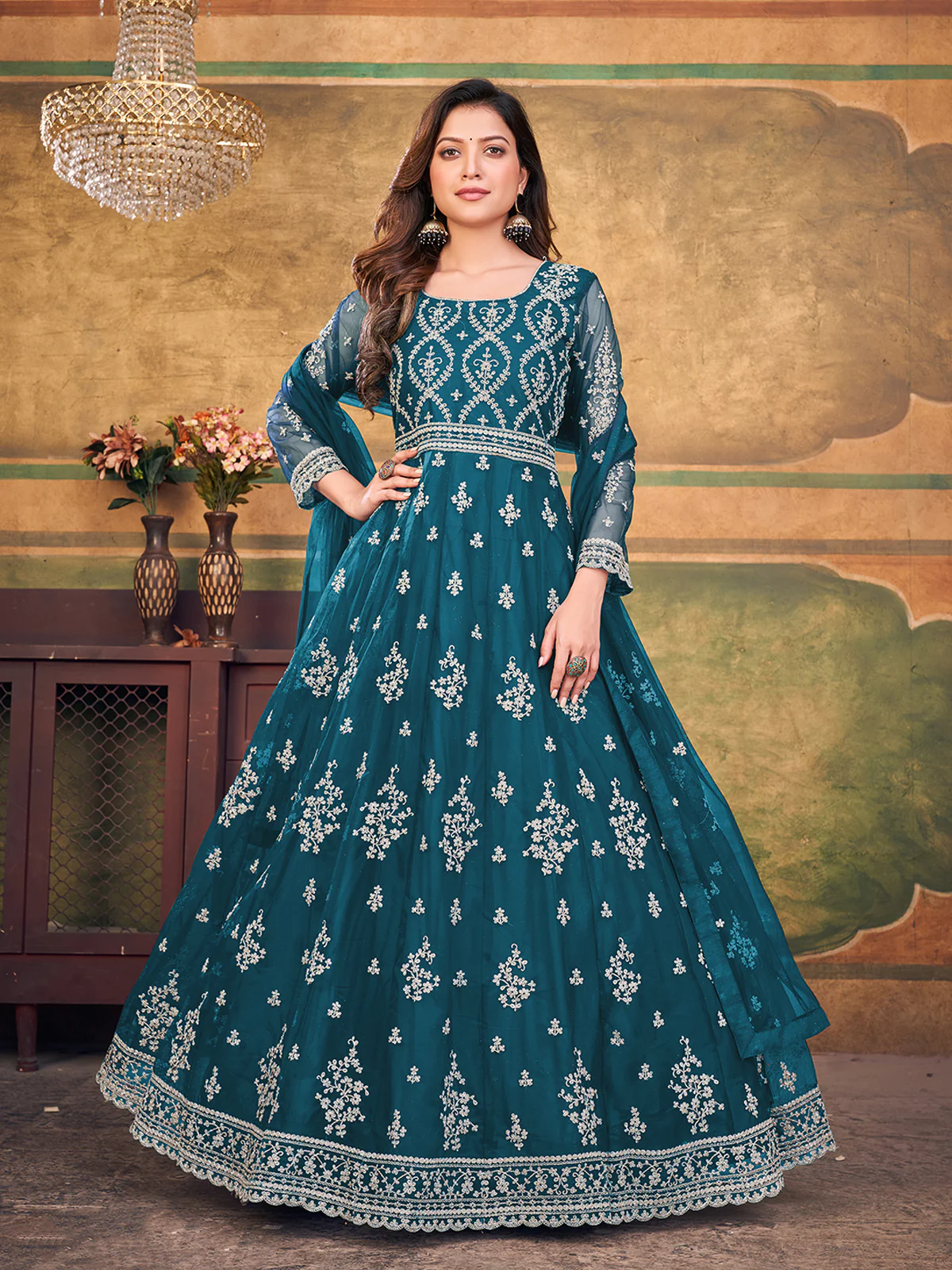 Odette Teal Net Embroidered Semi stitched Kurta Set with Inner For Women - Image 2