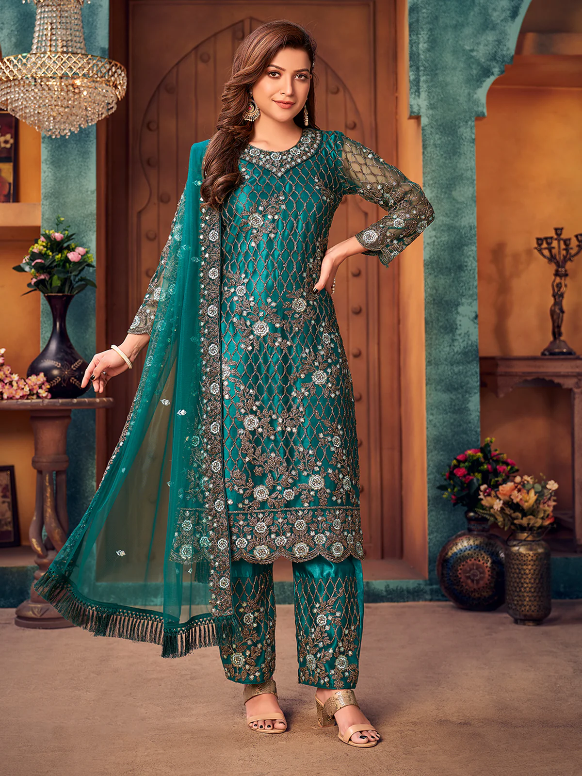 Odette Teal Net Embroidered Semi stitched Kurta Set with Inner For Women - Image 2