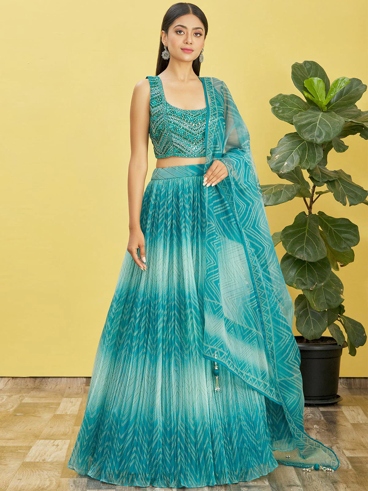 Odette Teal Organza Embellished Semi Stitched Lehenga With Unstitched Blouse For Women - Image 3