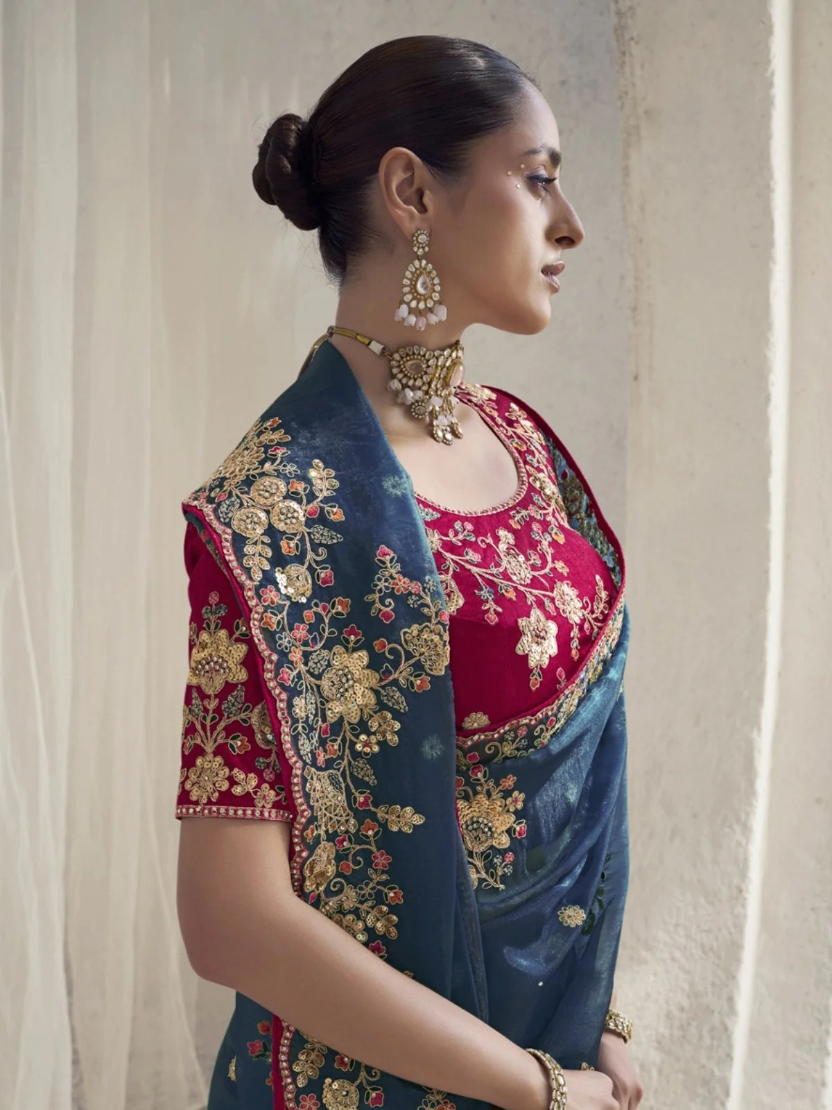 Odette Teal Organza Embroidered Elegant Saree For Women - Image 2