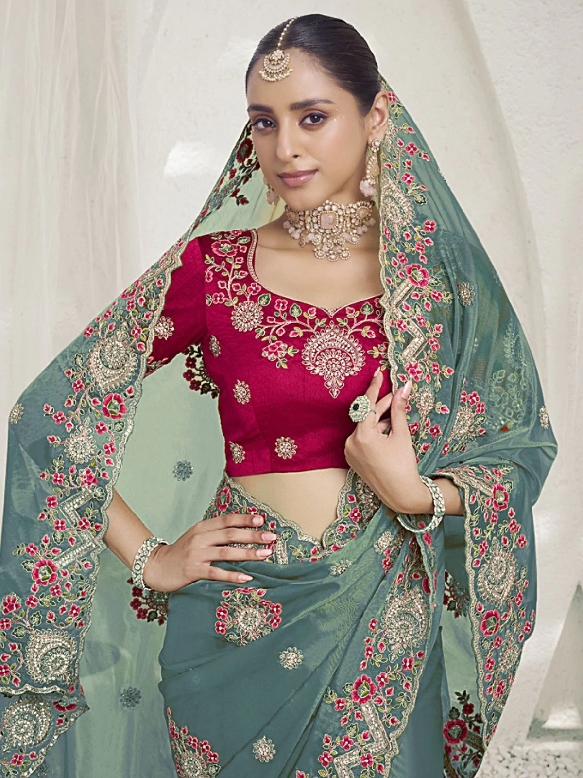 Odette Teal Organza Embroidered Elegant Saree For Women - Image 2